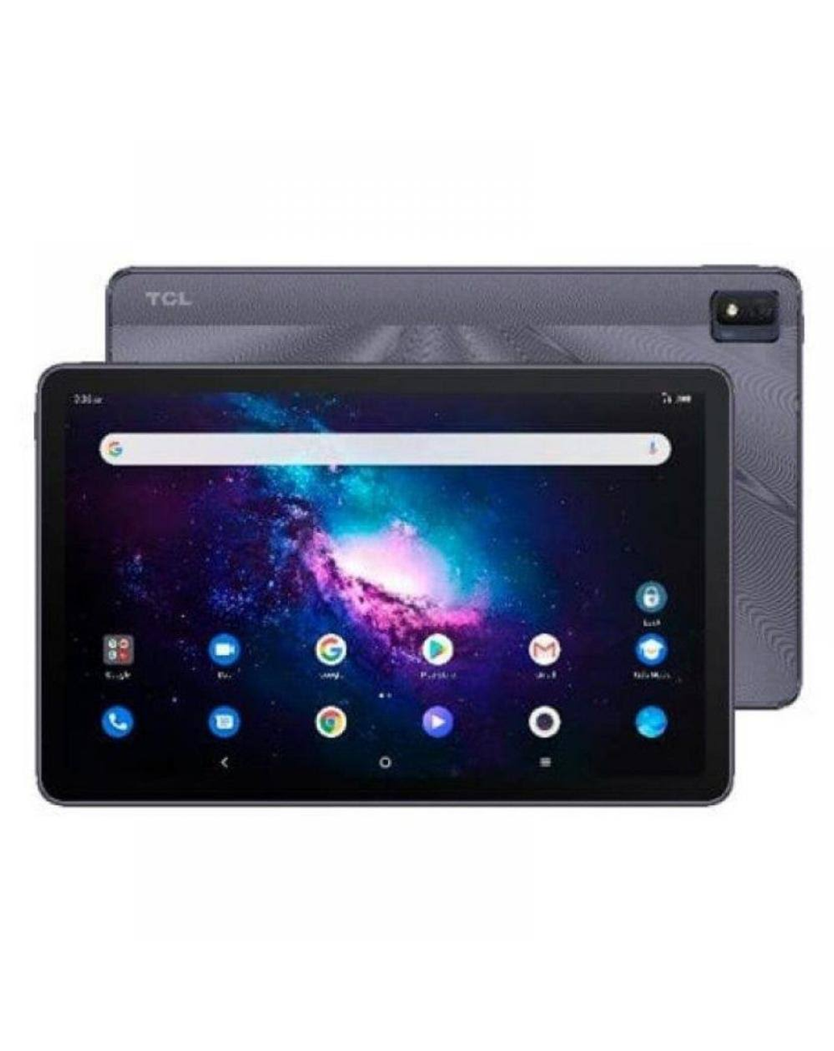 Tableta negra con pantalla de galaxia, la vista posterior muestra la marca TCL.