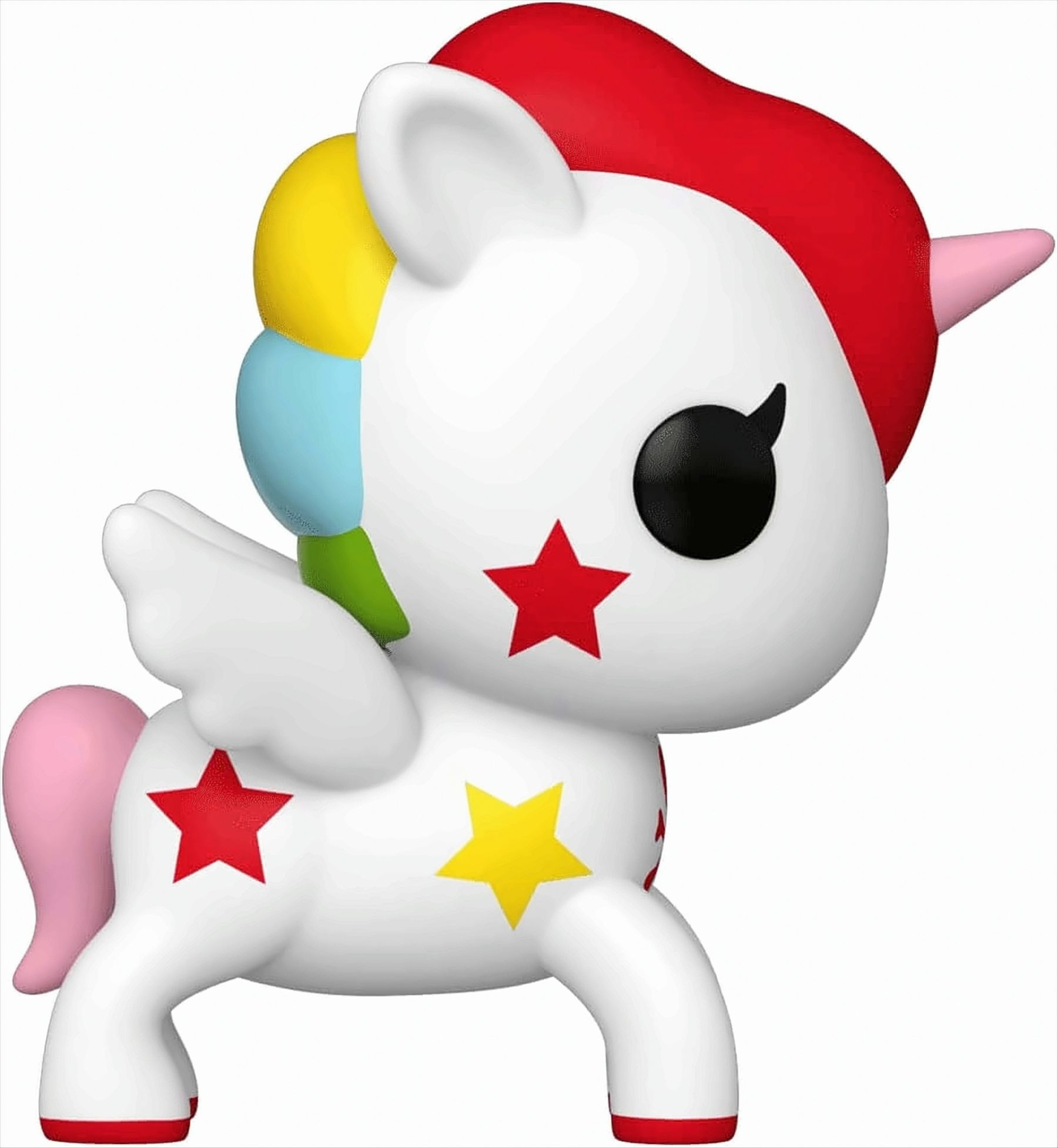 Weißes Einhorn-Spielzeug mit roter Mähne und Sternen. Es hat Flügel und einen rosa Schwanz. Isoliert.