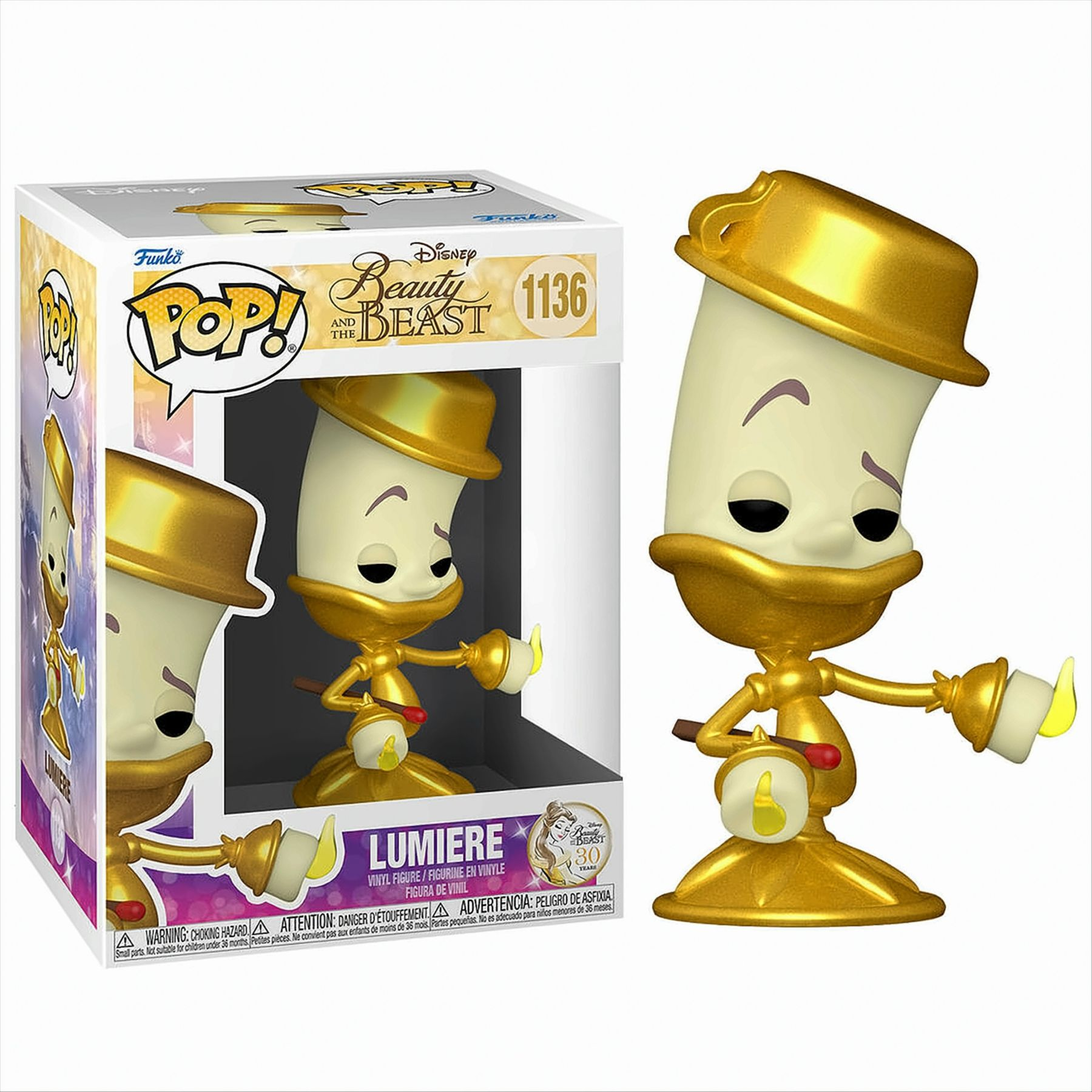 Eine Disney's Lumiere Funko Pop Figur in einer Box und außerhalb der Box auf weißer Oberfläche.