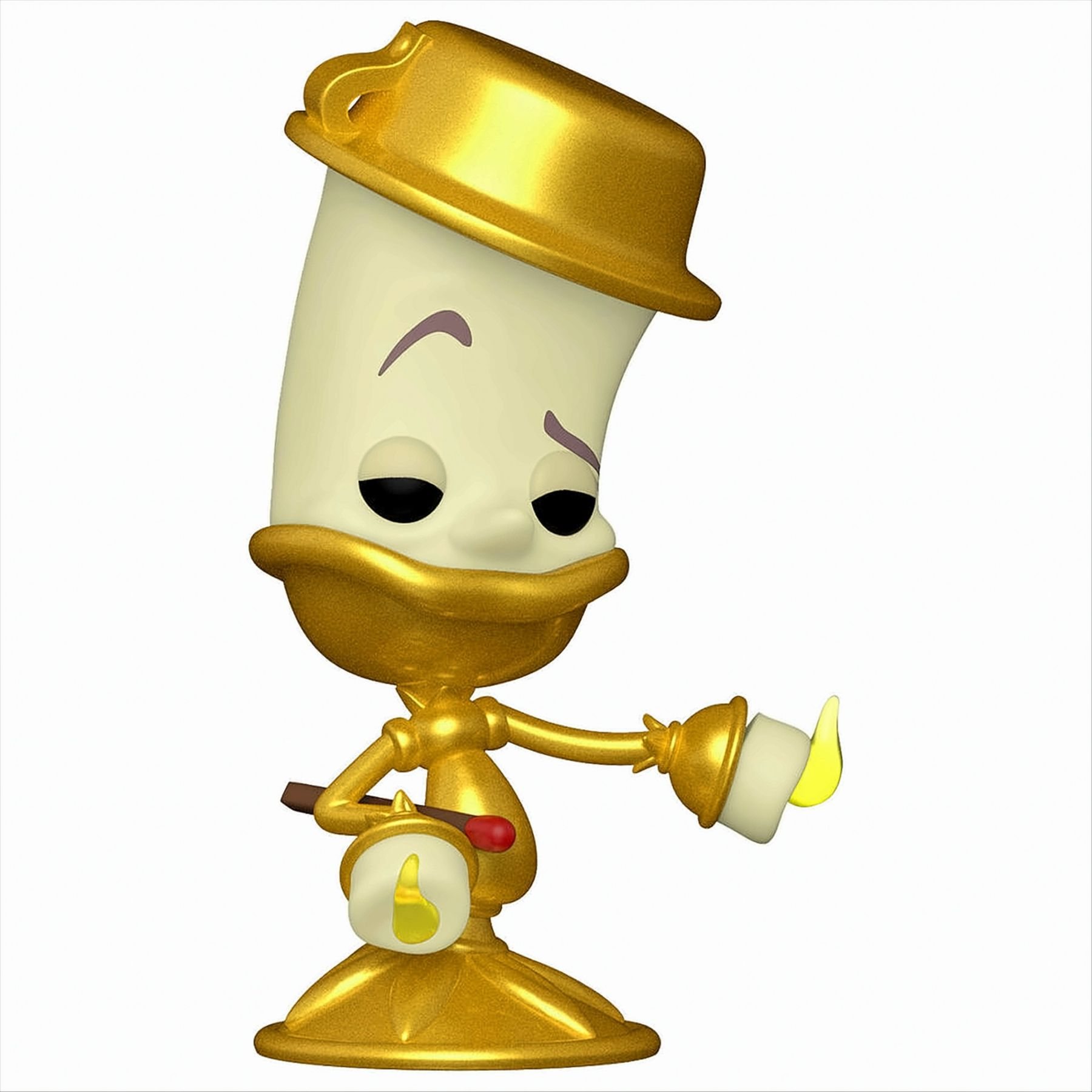 Lumiere, eine goldene kerzenförmige Figur. Weißer Hintergrund.