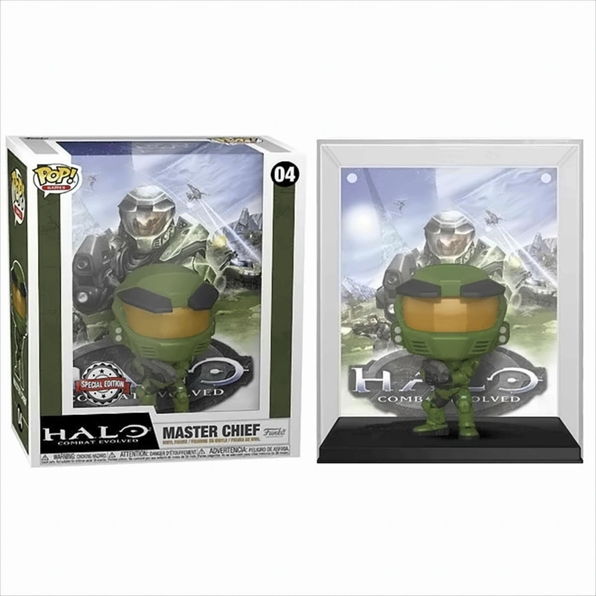 Zwei Figuren, Master Chief aus Halo-Spiel, in einer Box und in einer Vitrine. Beide haben grüne Rüstung.