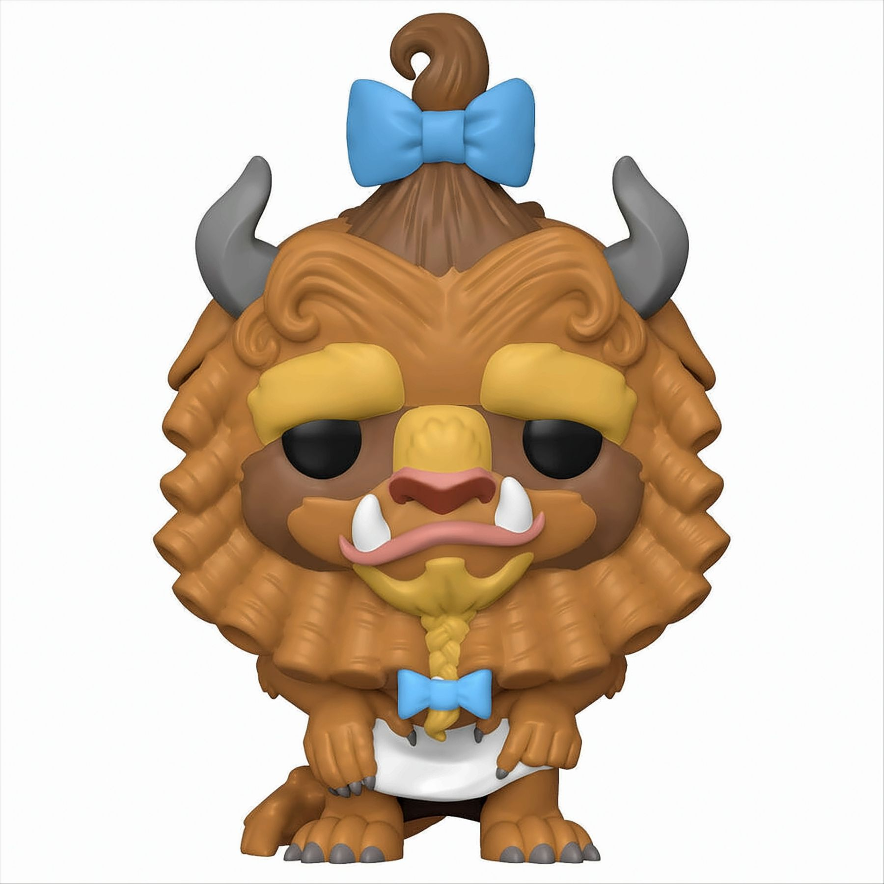 Una figura Funko Pop della Bestia di La Bella e la Bestia, con un fiocco blu.