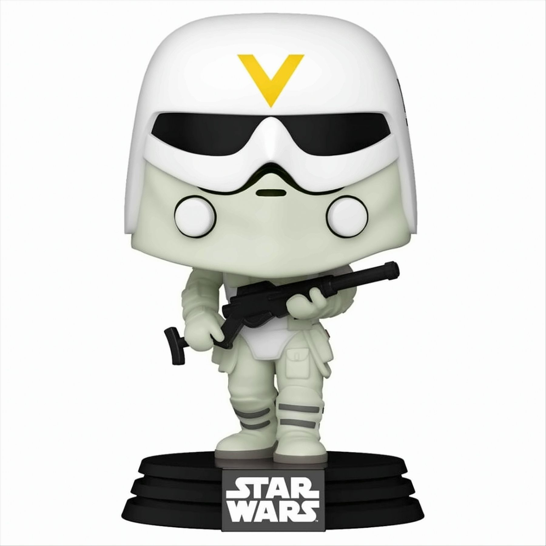 Figura Funko Pop di Star Wars di un soldato bianco con simbolo V giallo.
