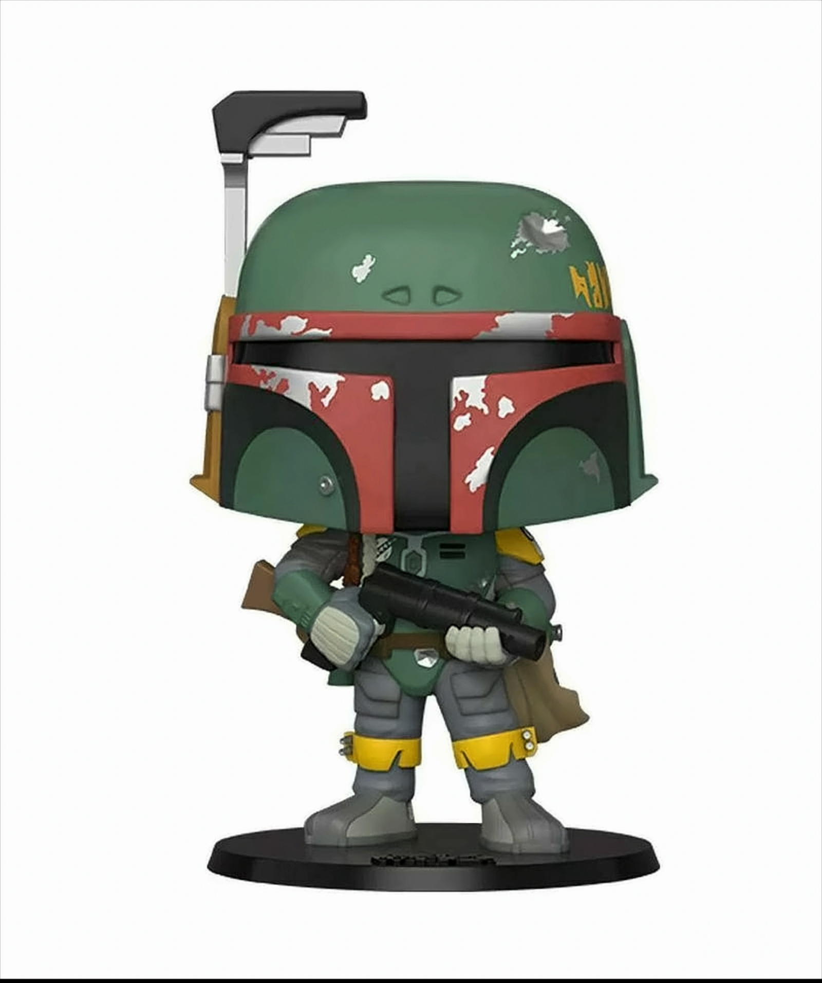 Eine Boba Fett Figur aus Star Wars. Er ist grün und rot, mit einem Helm und einem Blaster.
