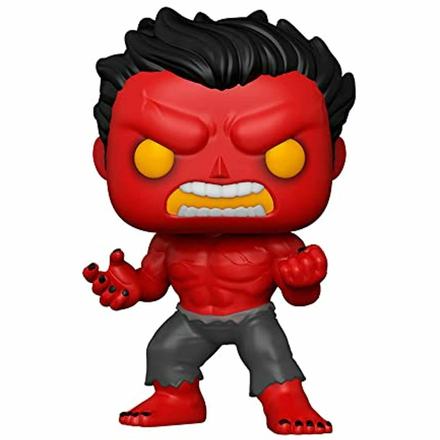 Eine Red Hulk-Actionfigur. Sie hat rote Haut, schwarze Haare und befindet sich in einer Kampfpose.