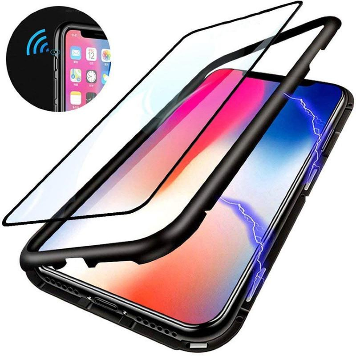 iPhone-Hülle mit Displayschutz. Ein Telefon befindet sich im schwarzen Rahmen.