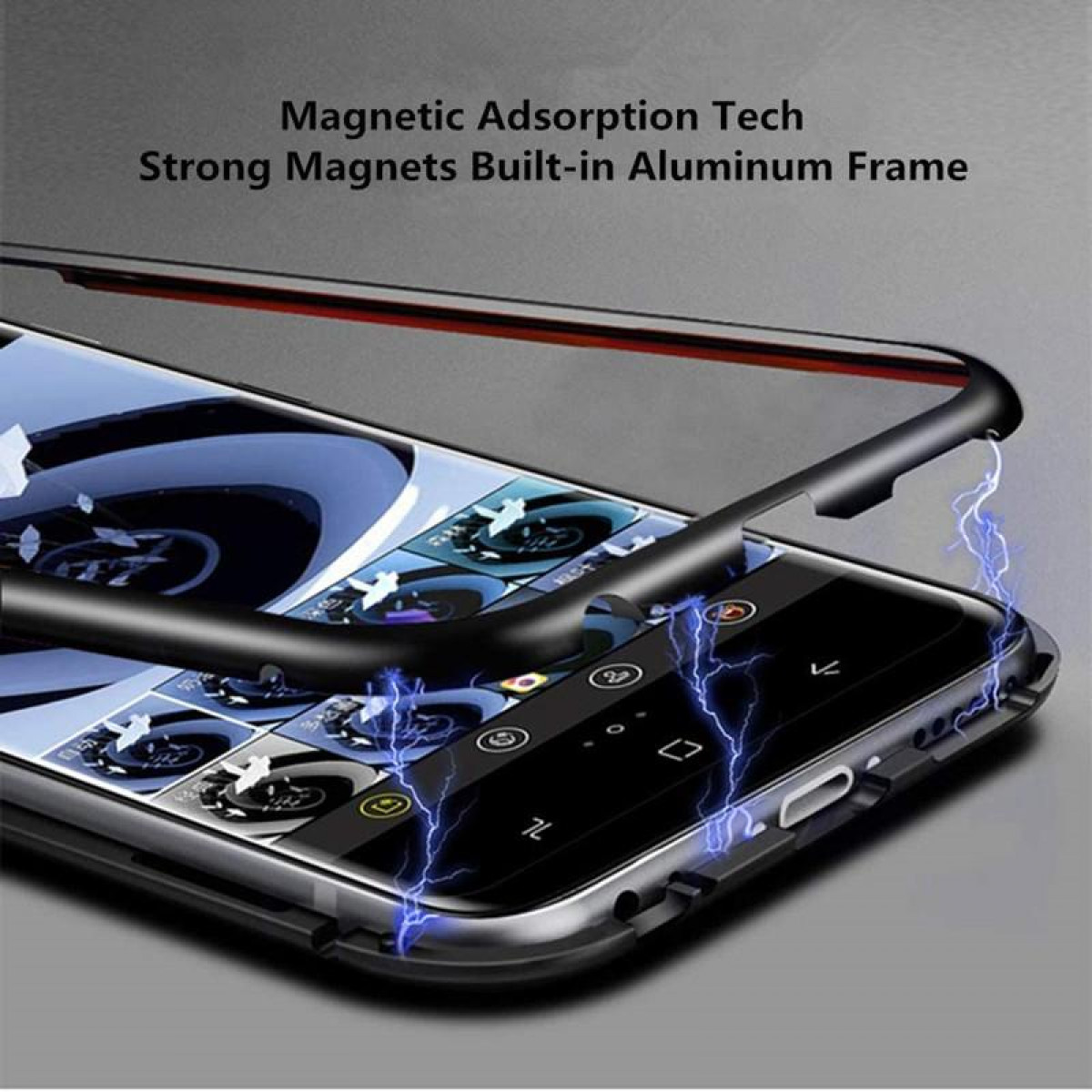 Ein Telefon mit einem magnetischen Rahmen mit Blitzen darum herum.