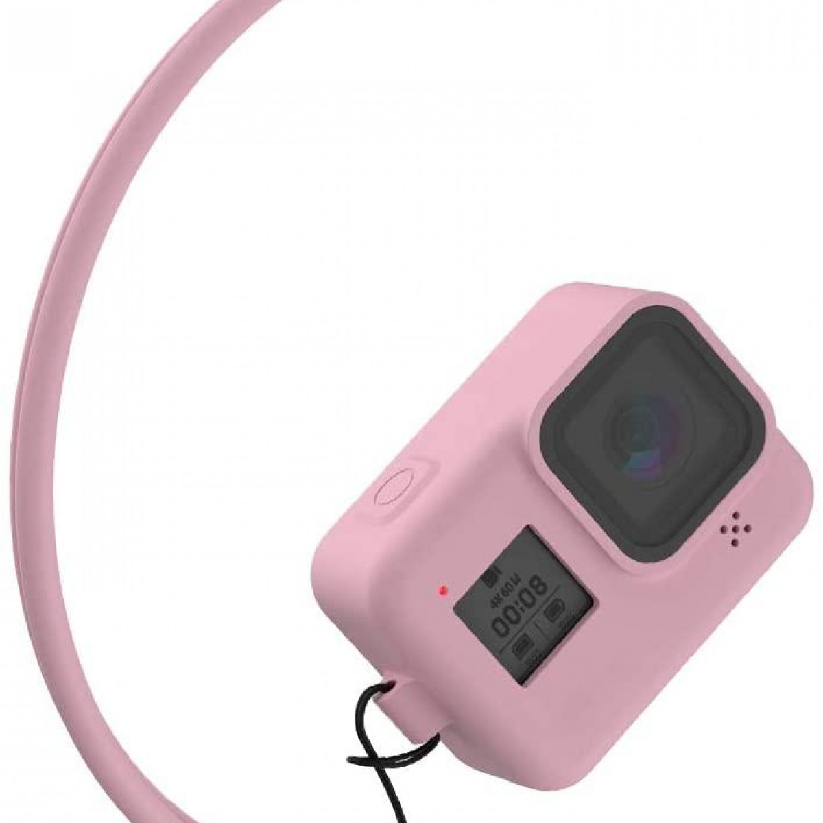 Rosa GoPro-Kamera mit rosa gebogener Halterung. Der Bildschirm zeigt die Zeit 00:08. Die Kamera hat ein schwarzes Objektiv.