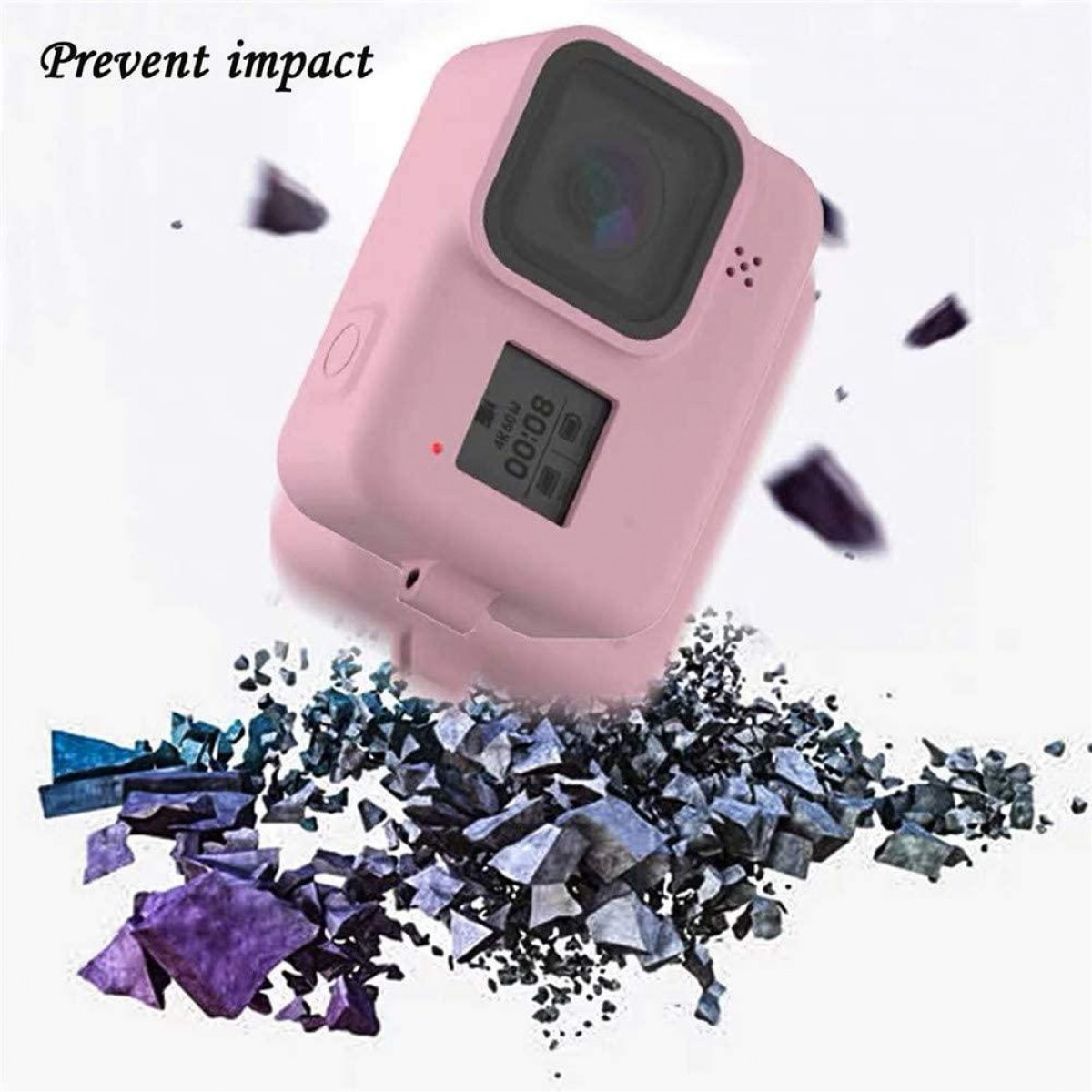 Rosa Action-Kamera fällt auf Schutt, Text 'Prevent impact'.