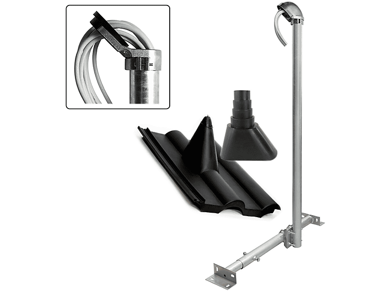 PREMIUMX BASIC X120-48 SAT Dachsparrenhalter 120cm Mast Frankfurter Pfanne Tülle schwarz Alu-Mastkappe Dachsparrenhalterung, Silber