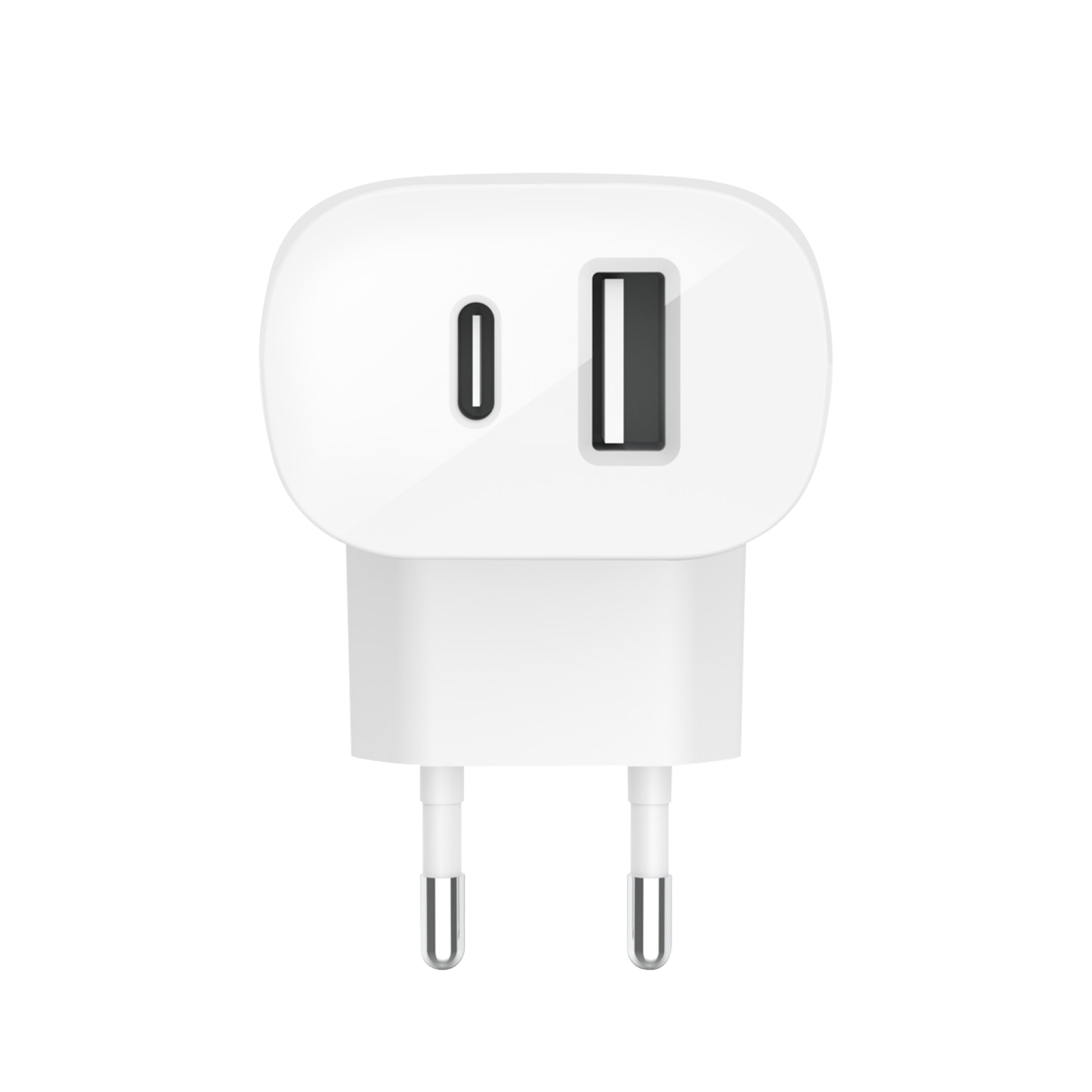 Weißes USB-Ladegerät mit einem USB- und einem USB-C-Anschluss.