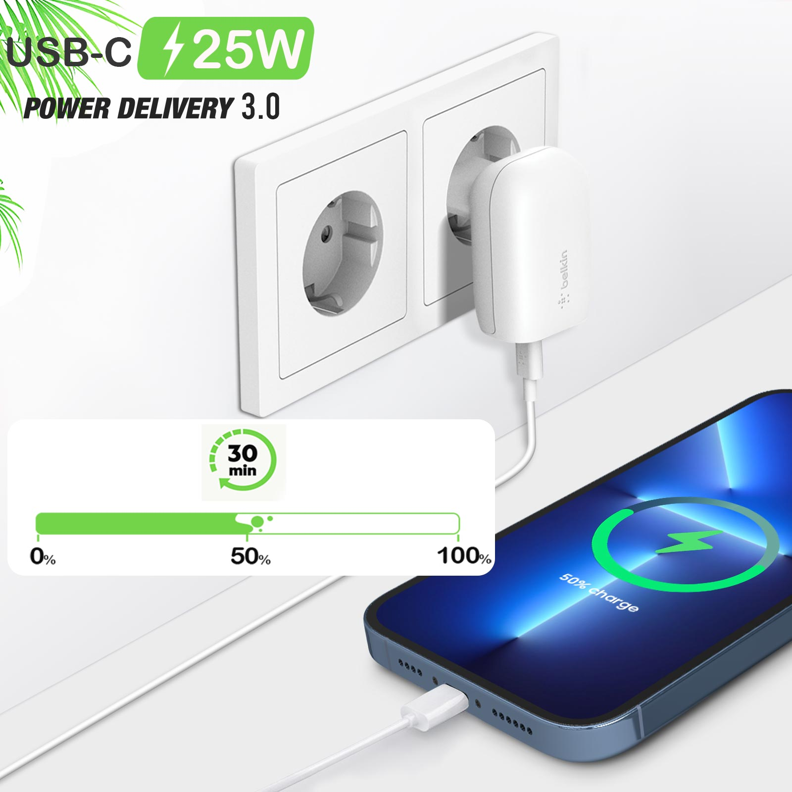 Weißes Ladegerät in der Steckdose. Telefon zeigt 50% Ladung. Text zeigt 25W.