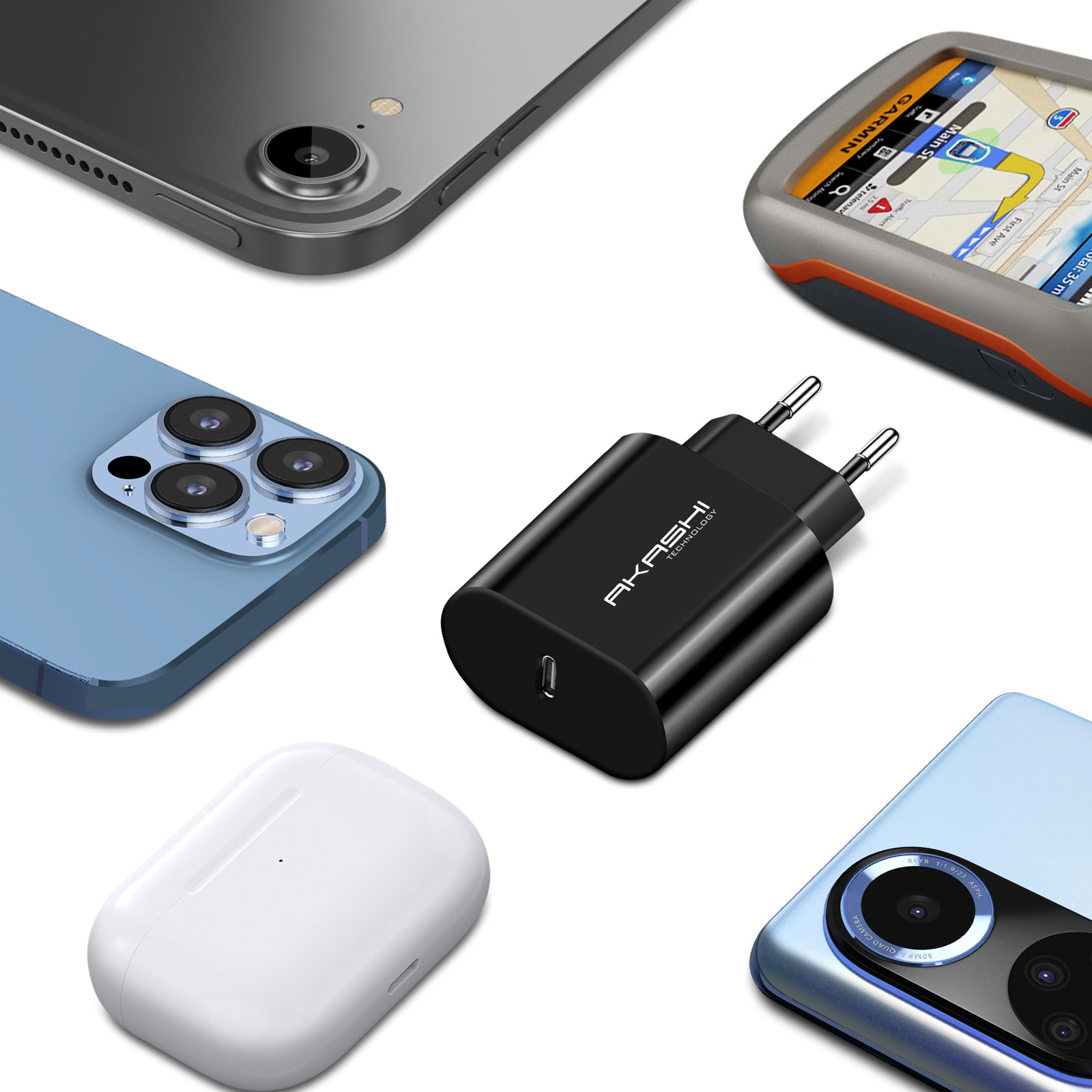 Vari dispositivi elettronici come telefoni e caricabatterie, sparsi su una superficie, con sfondo bianco.