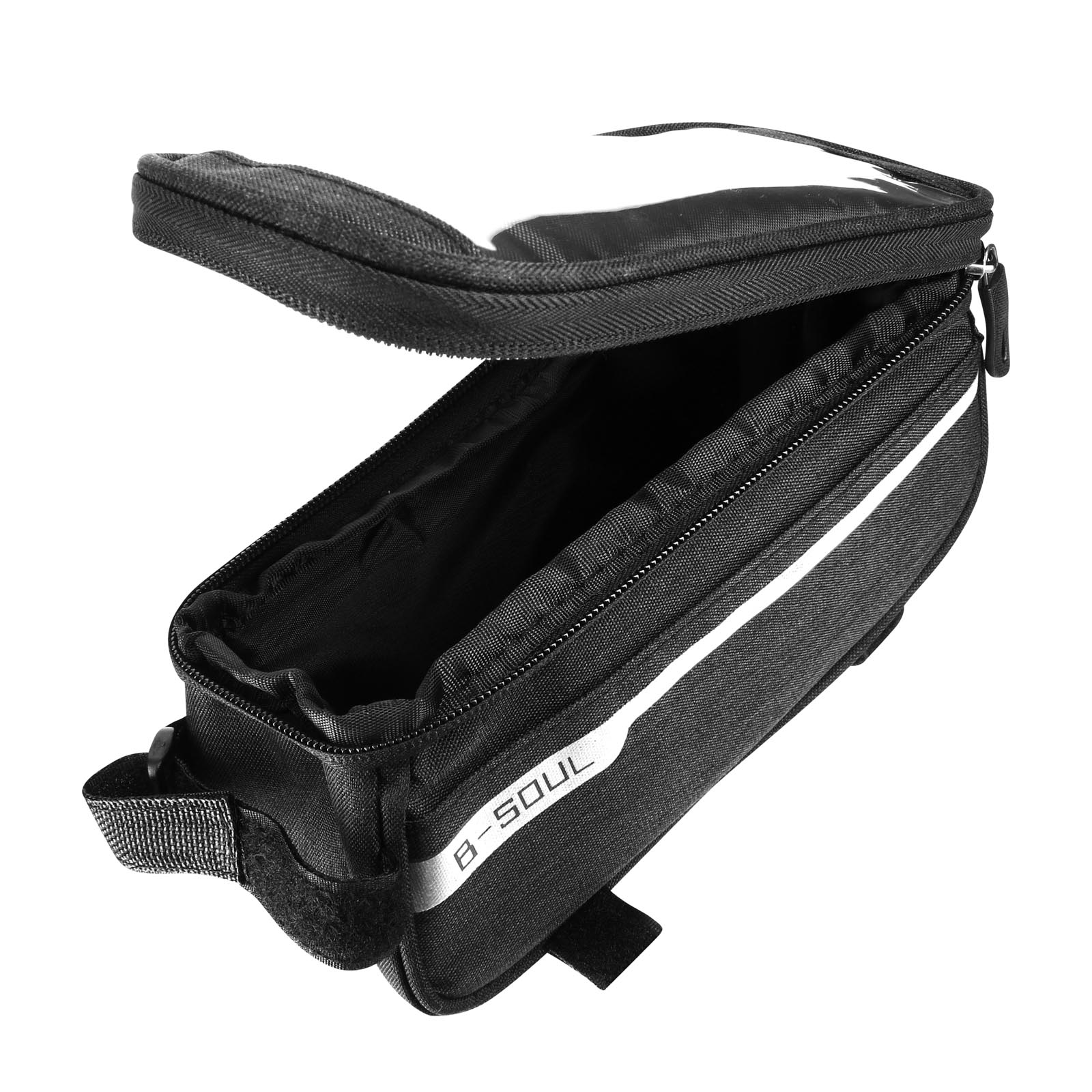 Schwarze Fahrrad-Satteltasche, offen, mit weißem Reflexstreifen und 'B-SOUL'-Logo.