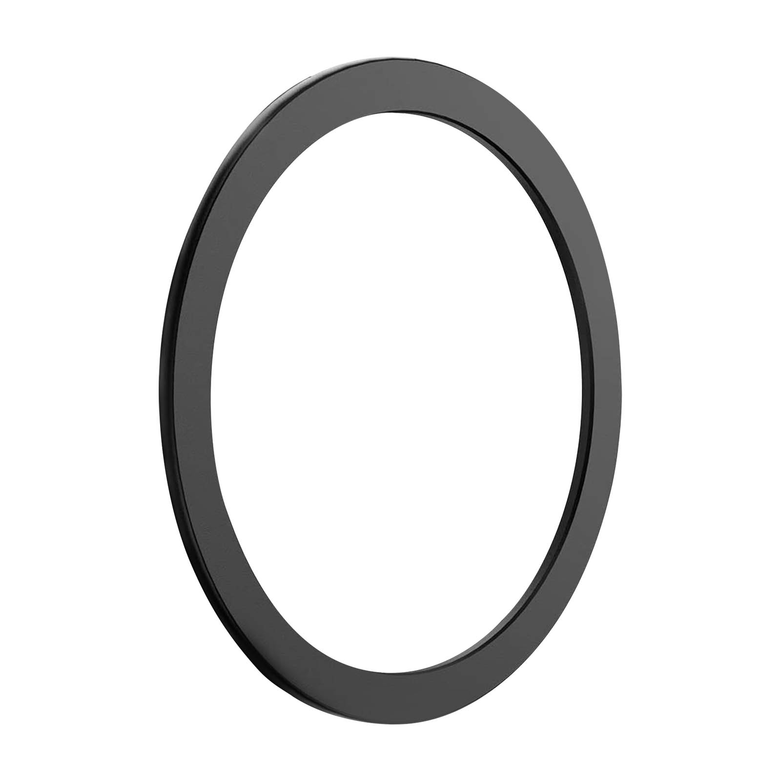 Anello circolare nero, probabilmente una protezione per lenti. Su una superficie bianca.