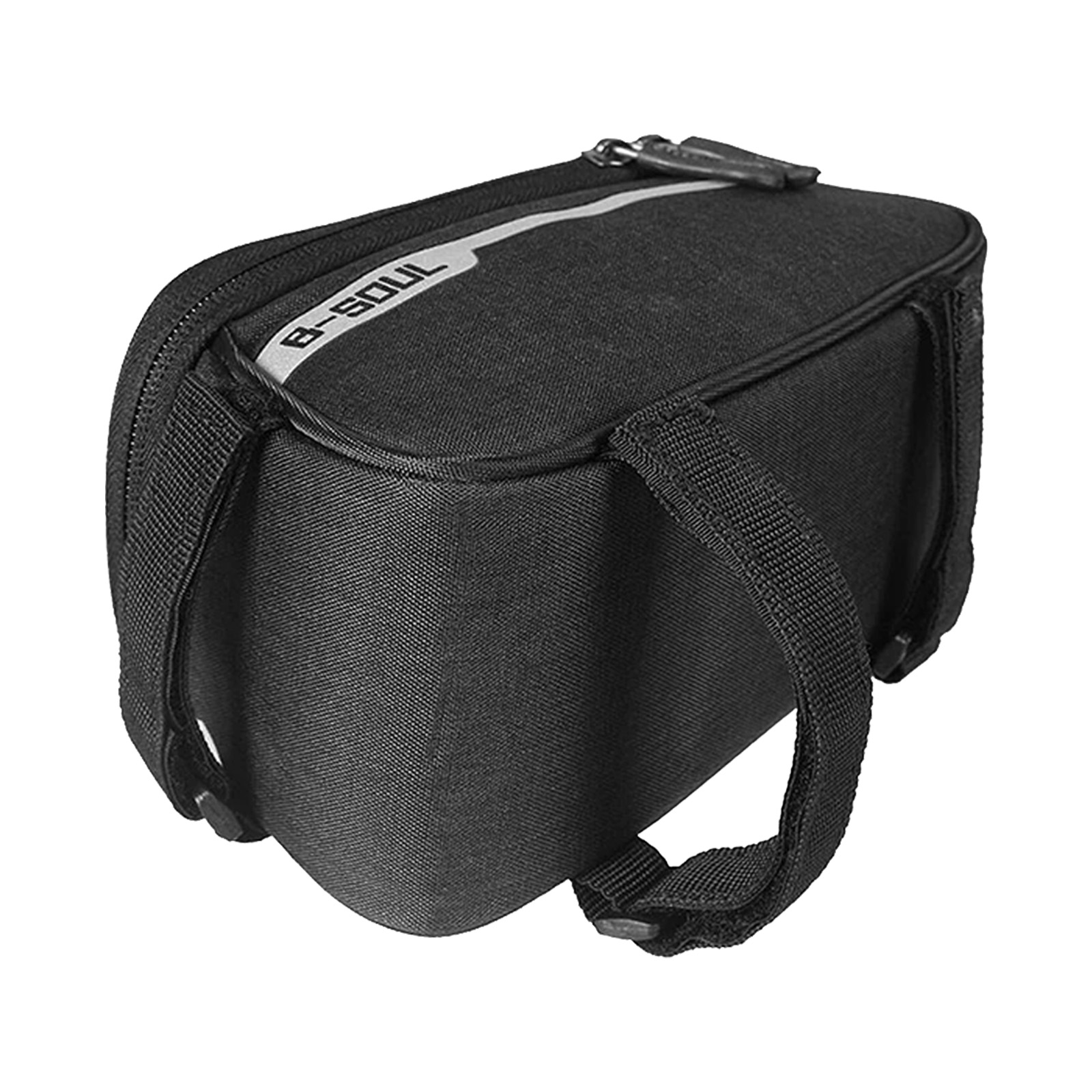 Schwarze Fahrradtasche. Mit Reißverschluss und reflektierendem Streifen. Schwarze Riemen.