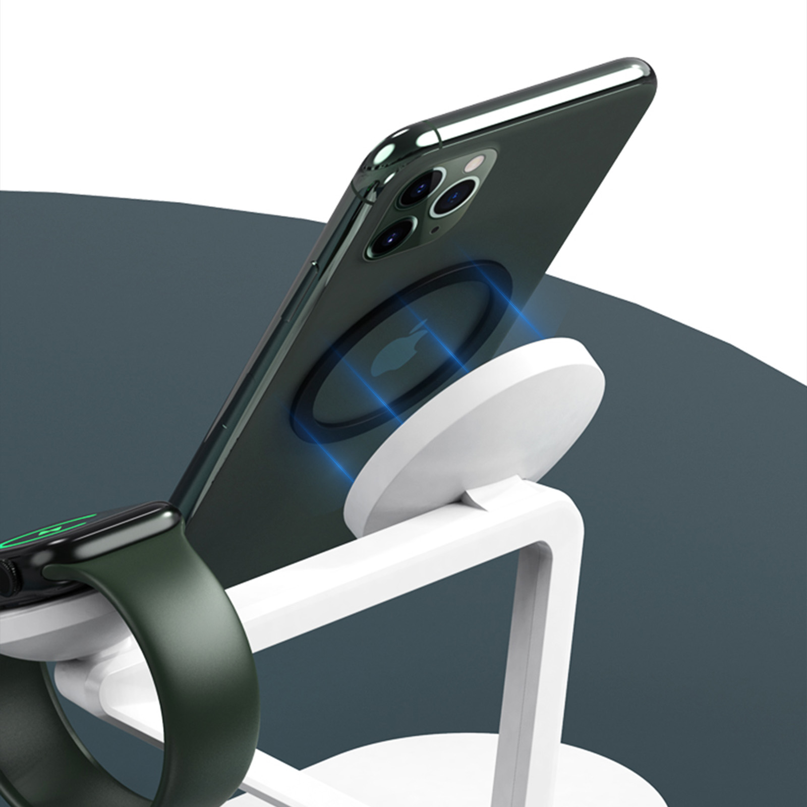 Supporto di ricarica wireless con telefono collegato. Apple Watch a sinistra.