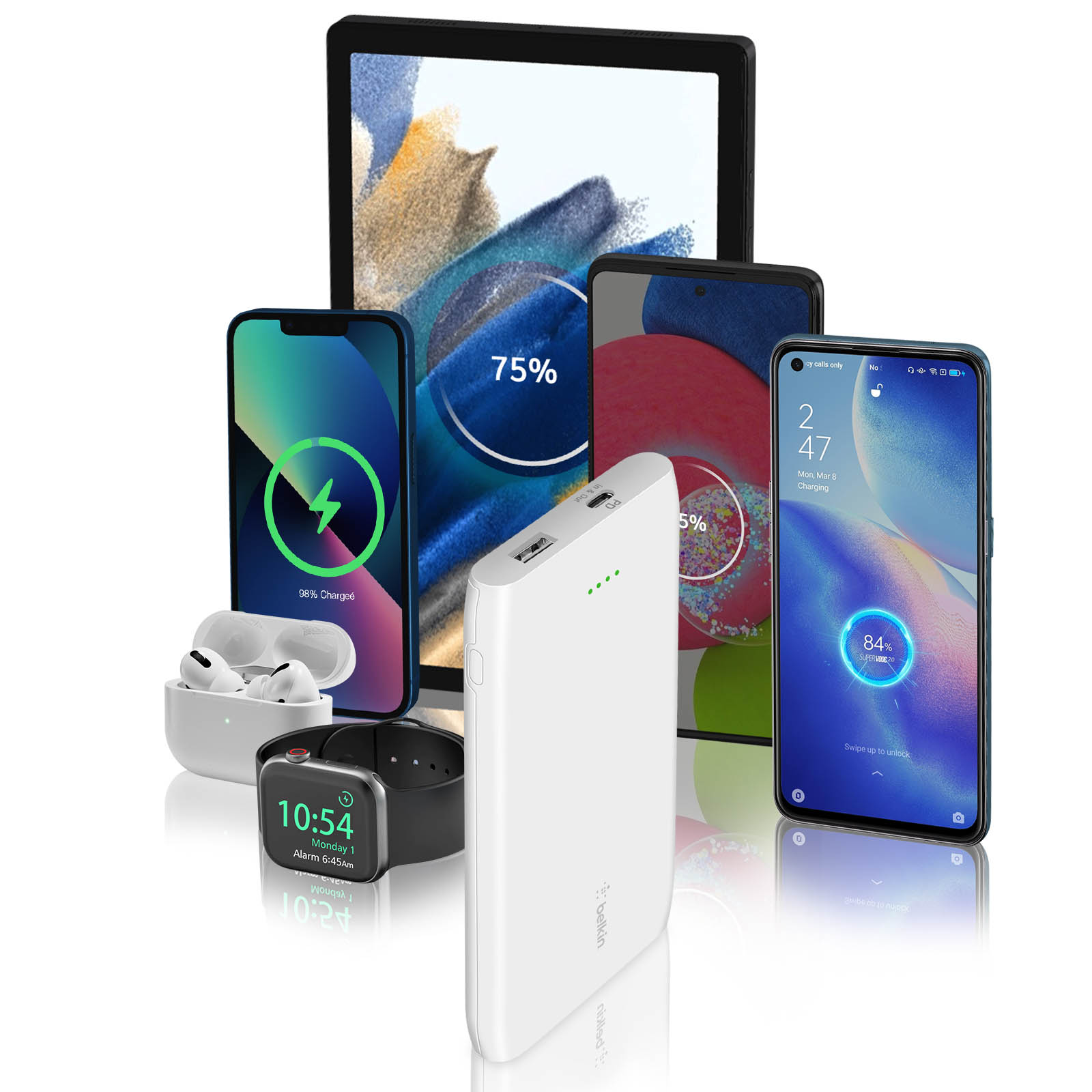 Una variedad de dispositivos electrónicos, incluidos teléfonos, tabletas y un banco de energía.