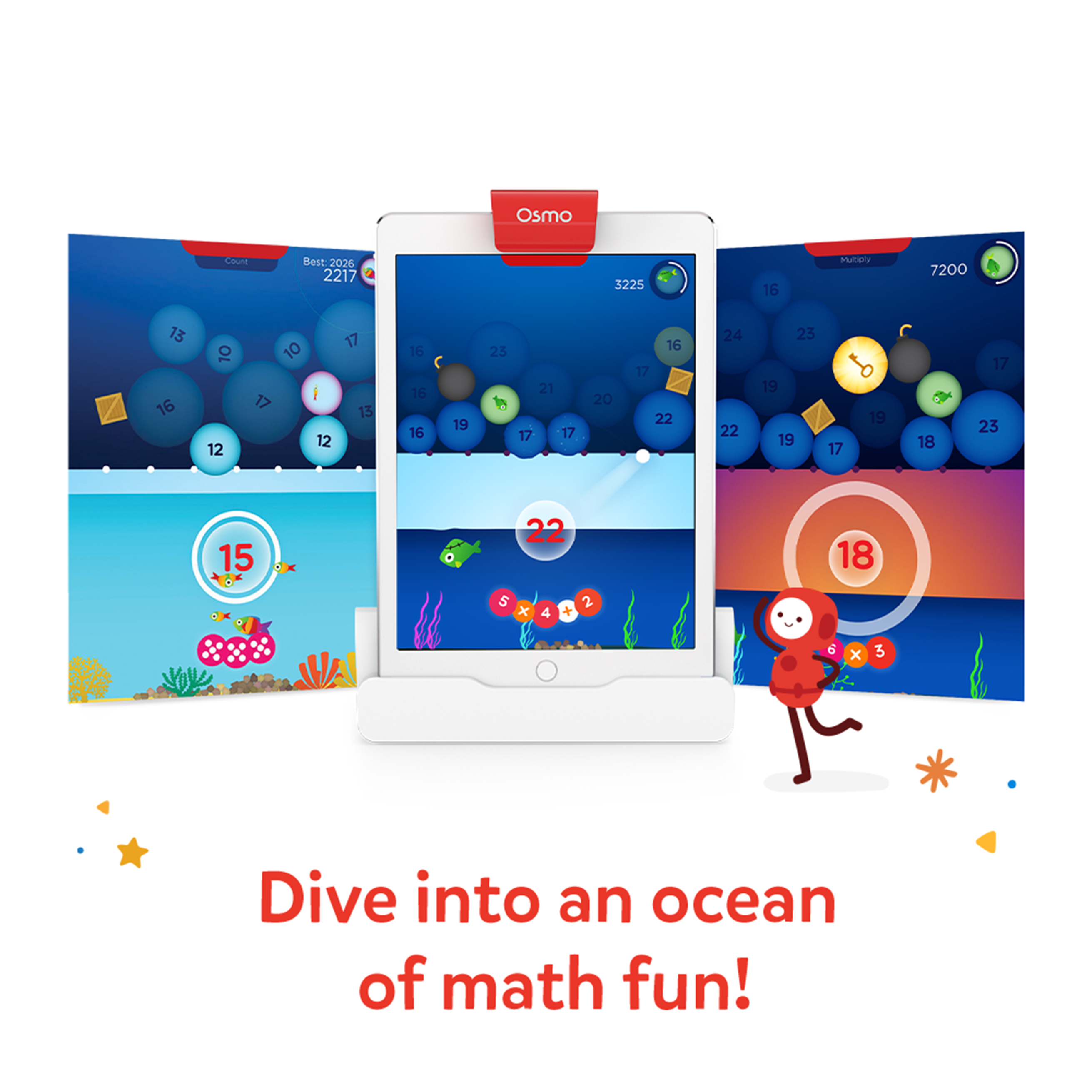 Tablet con giochi di matematica. Figura rossa corre. Bolle e pesci colorati.