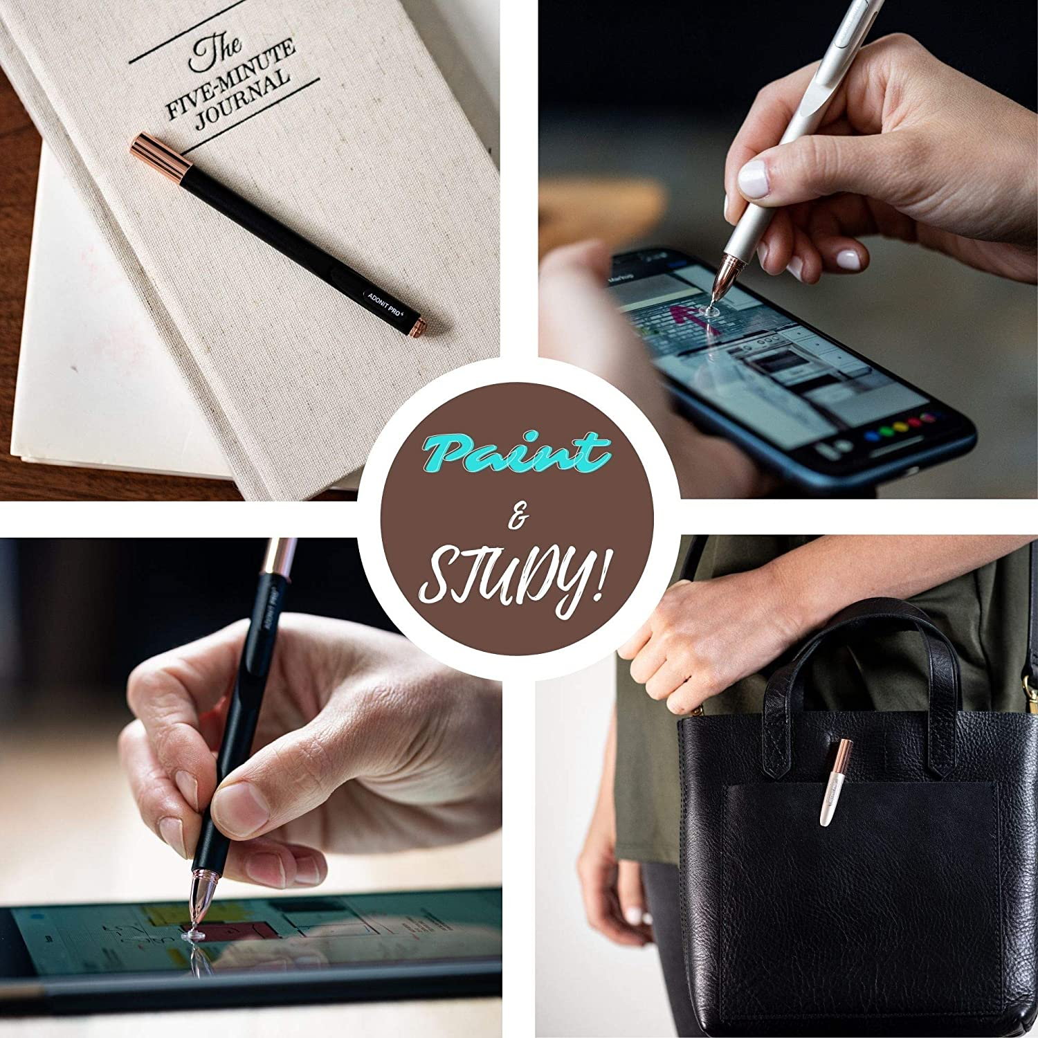 Kolaż długopisów i dziennika. Obejmuje dziennik, długopis w torbie i długopis na telefonie.