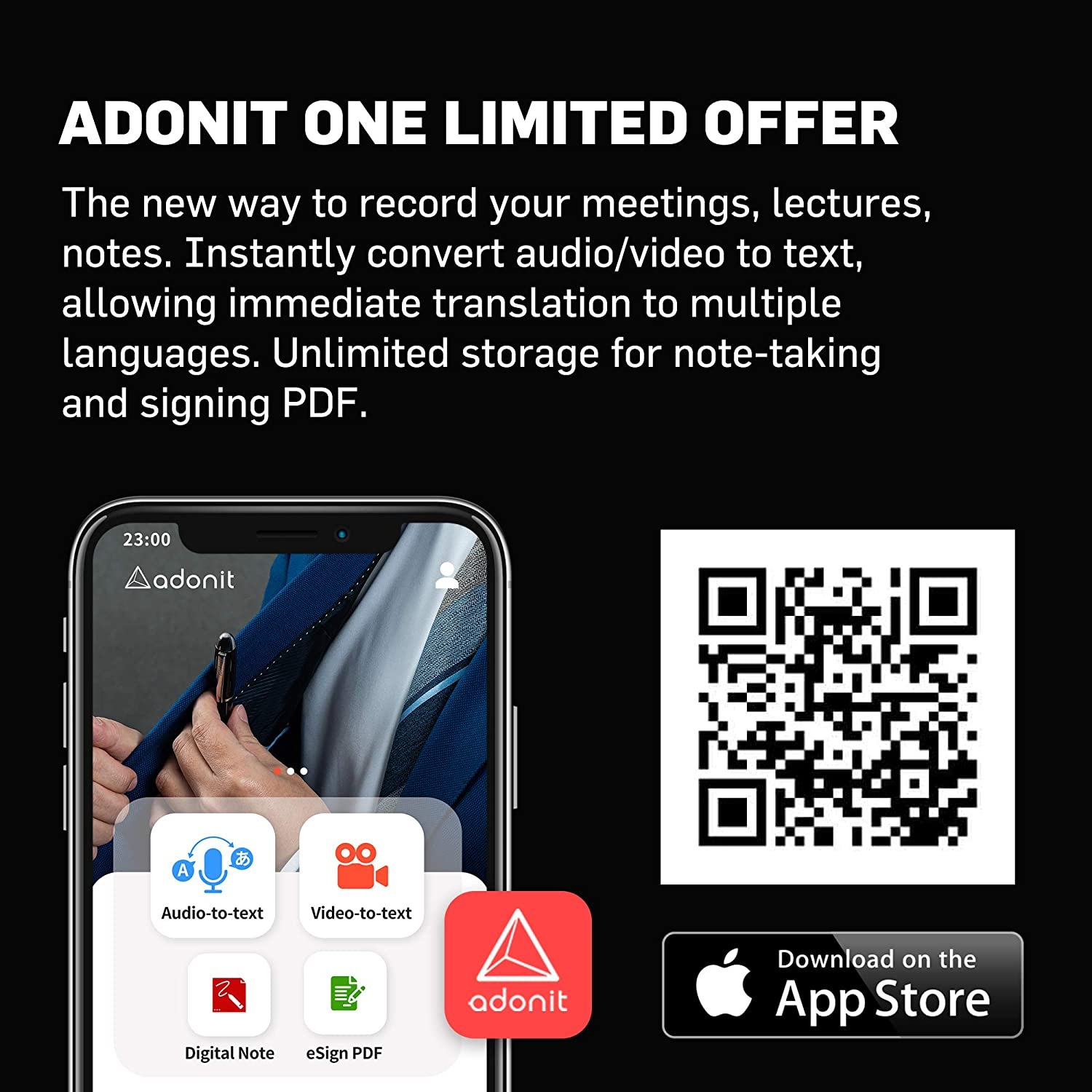 Reklama Adonit one limited offer na czarnym tle. Telefon pokazujący interfejs aplikacji. Kod QR i przycisk pobierania.