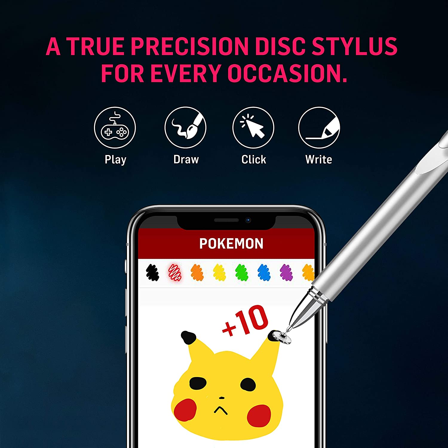 Rysik na ekranie telefonu, z rysunkiem Pikachu. Ikony do grania, rysowania, klikania i pisania są wyświetlane.