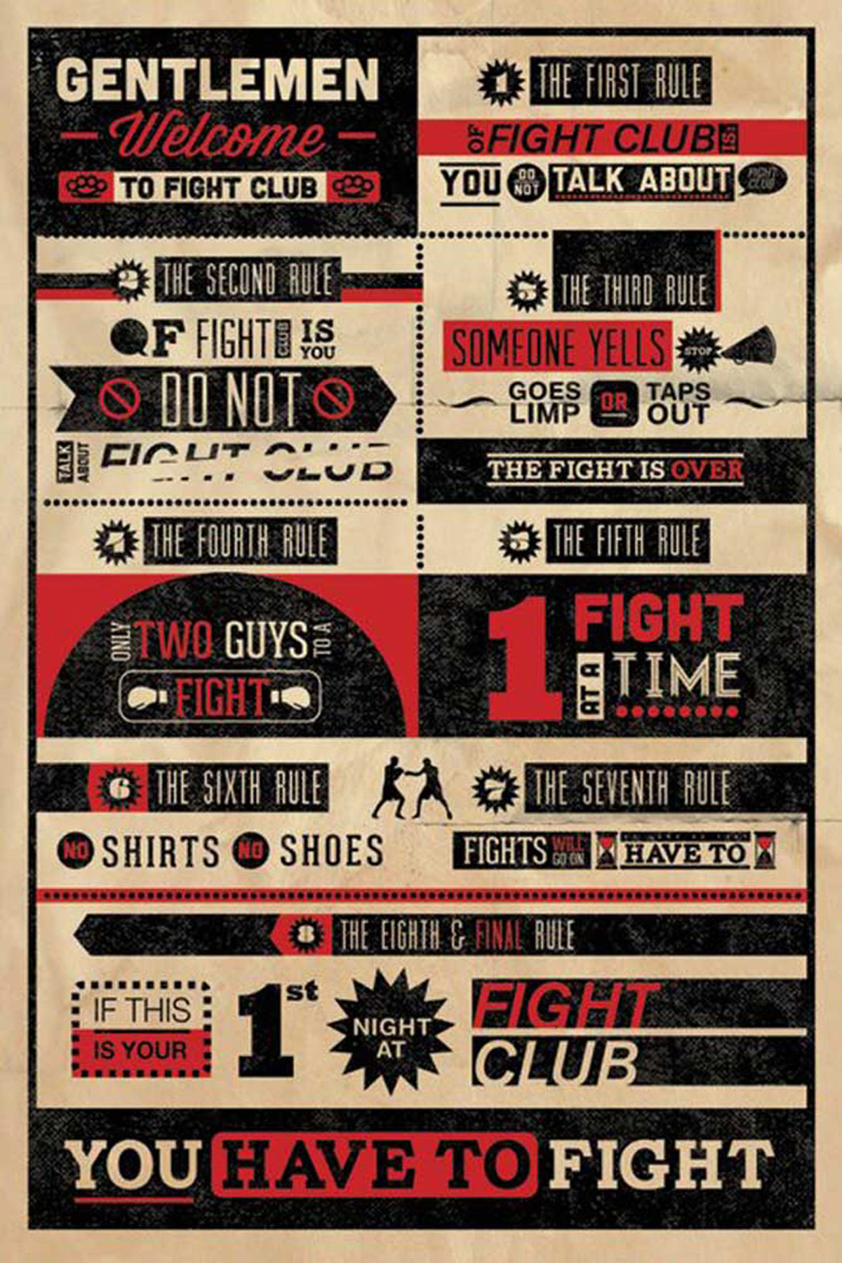 Fight Club Filmplakat mit rotem und schwarzem Text auf beigem Hintergrund.