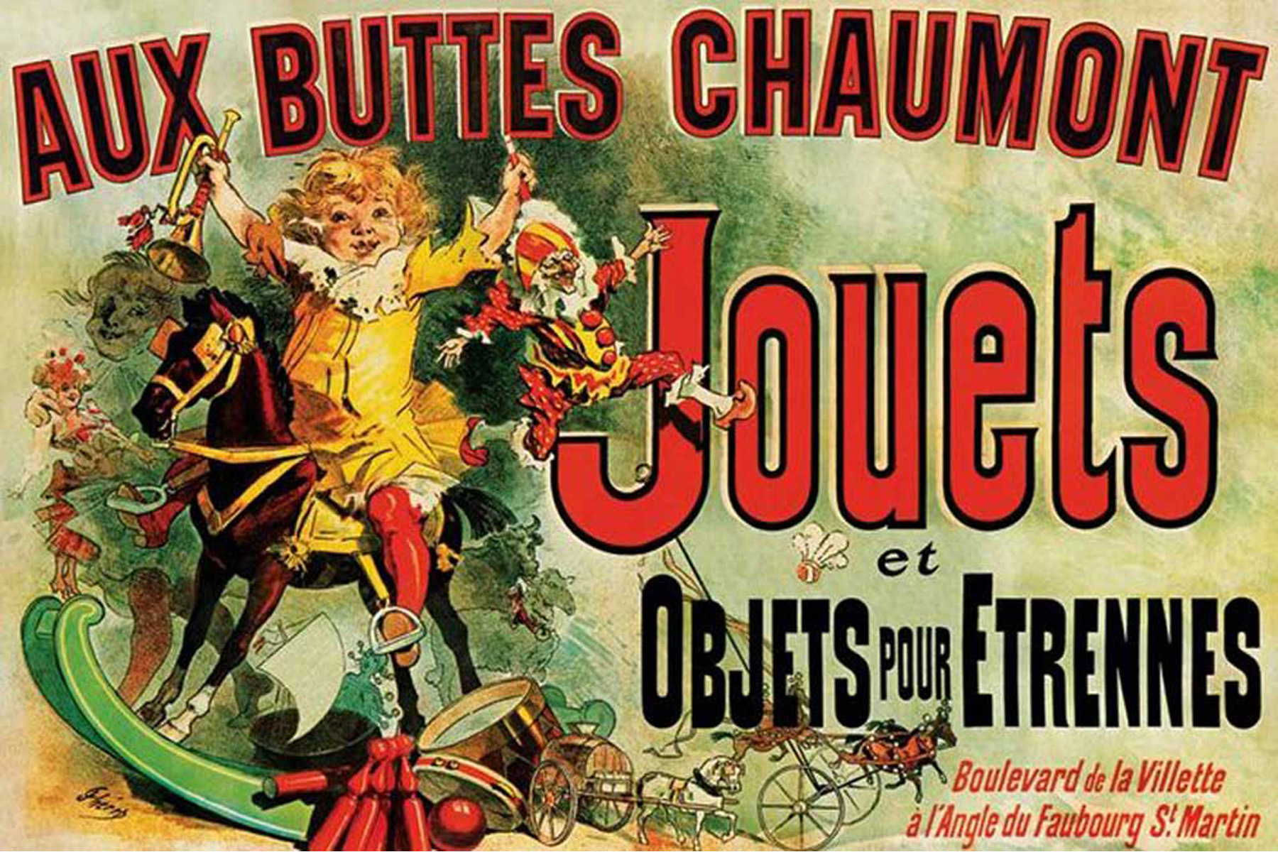 Vintage französisches Plakat mit Kind auf Pferd und Clown. Der Hintergrund ist cremefarben.