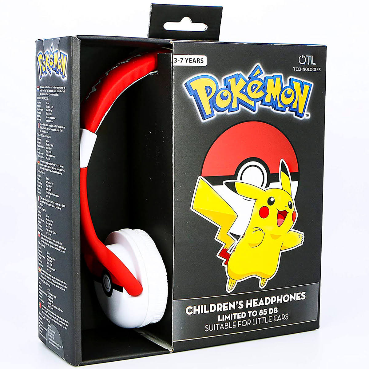 Kopfhörer in einer Box mit Pikachu. Rote und weiße Kopfhörer sind sichtbar.