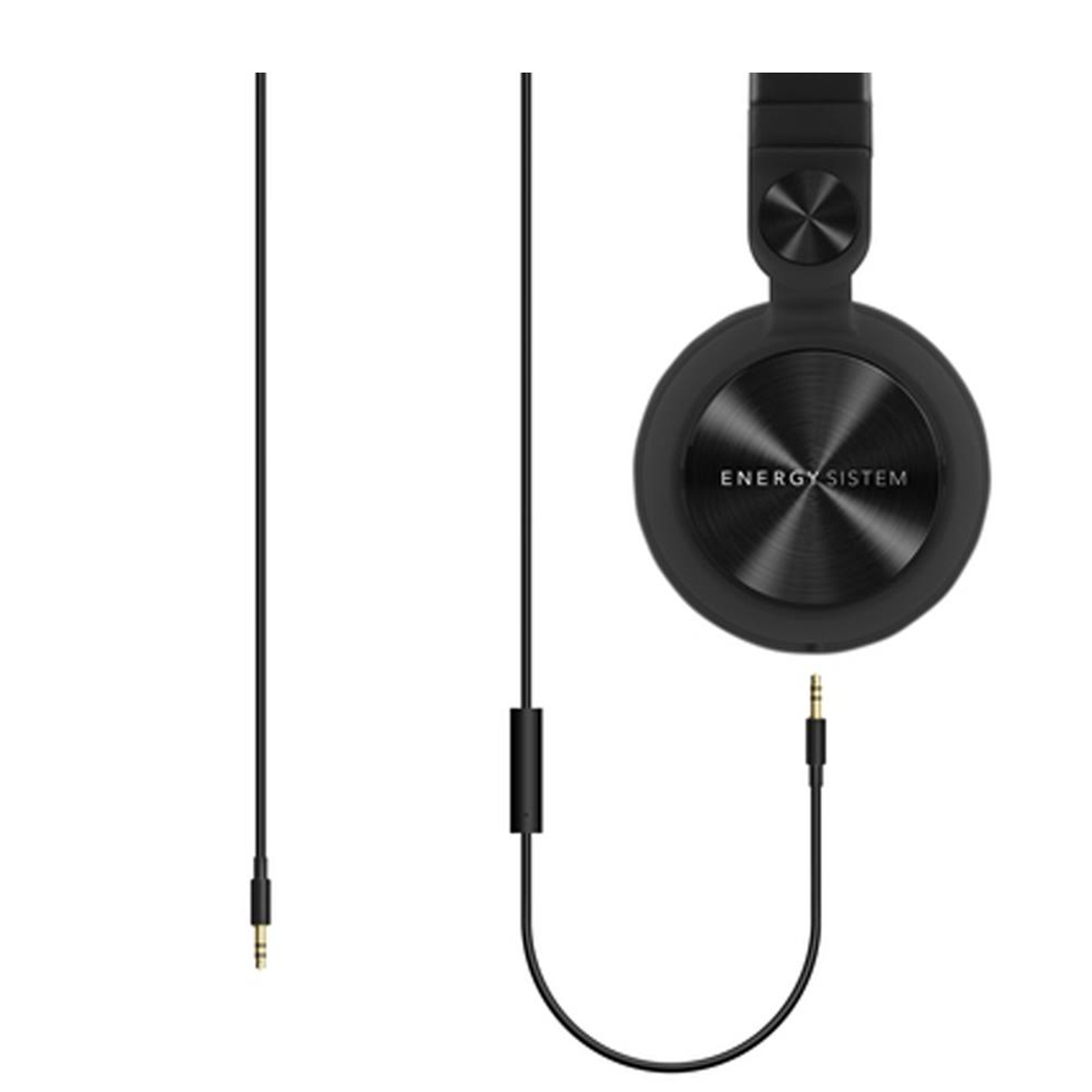 Czarne słuchawki z cienkim kablem i wtyczką, na białym tle.