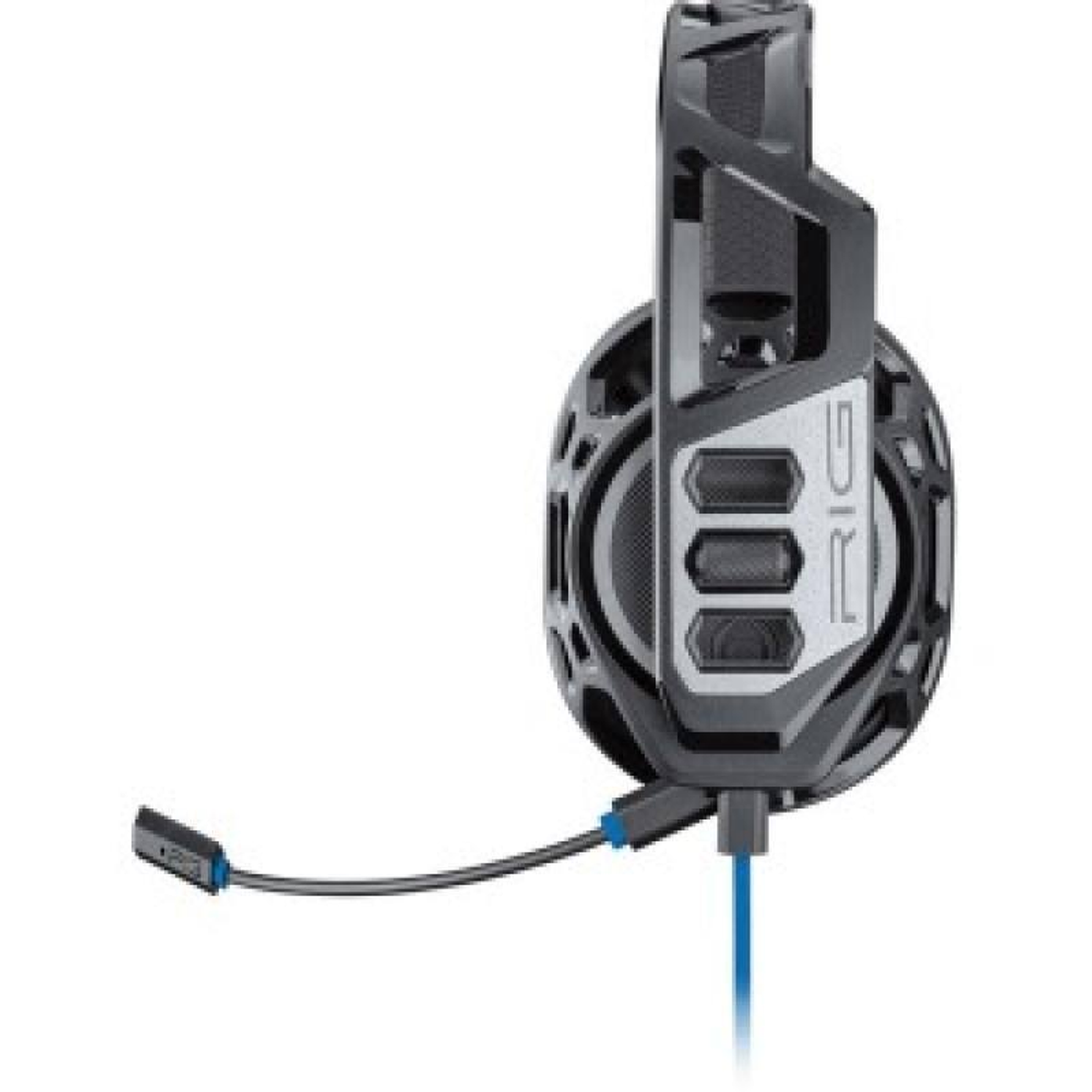 Cuffie da gioco nere e grigie con microfono. Cavo blu.