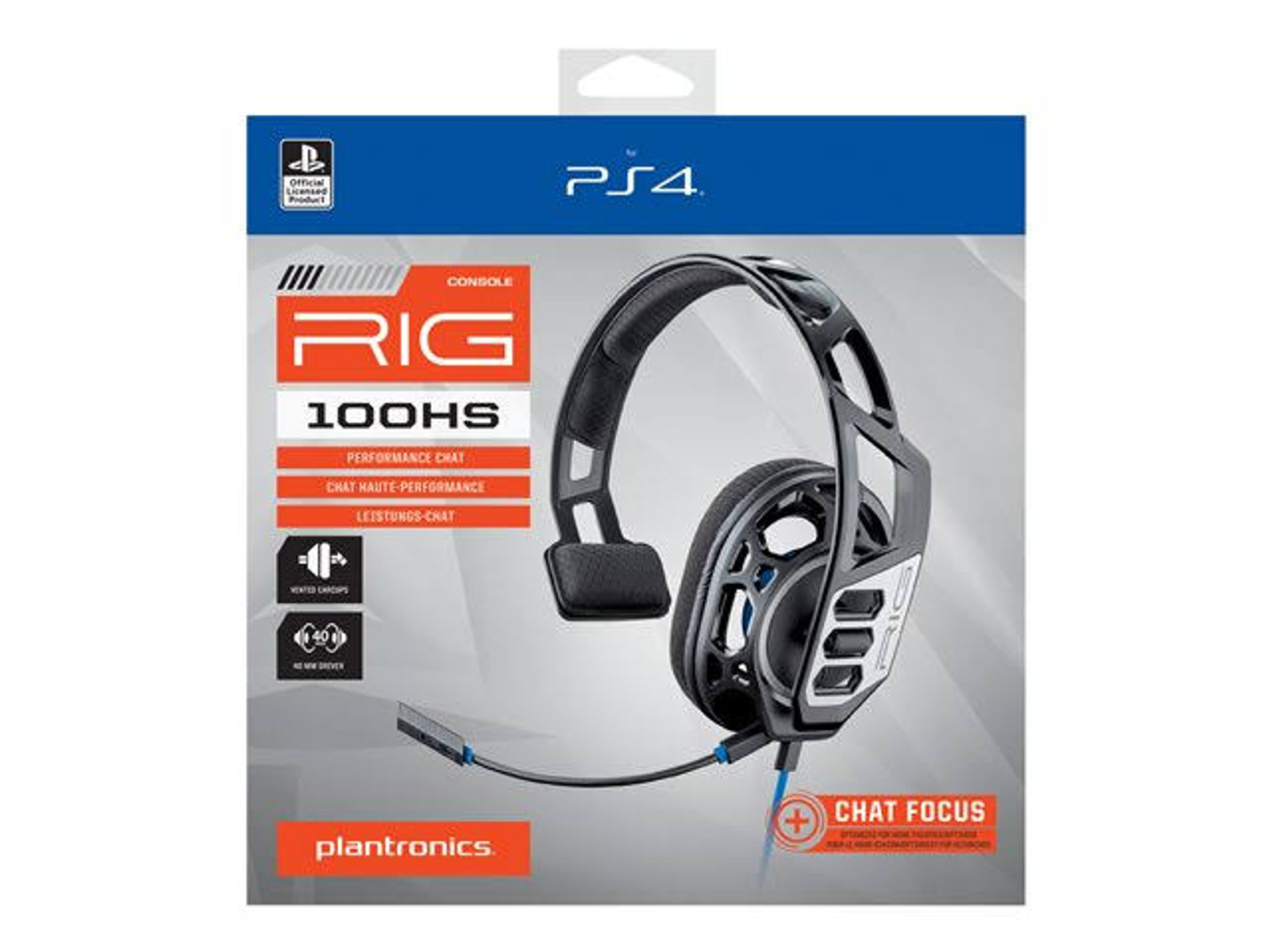 Una scatola con le cuffie. È un prodotto PS4. Le cuffie sono nere e grigie.