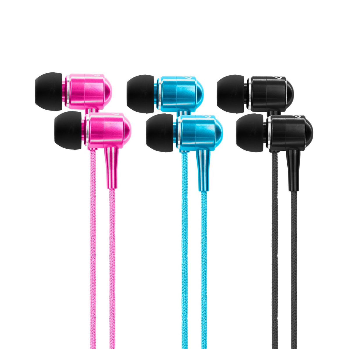 Oortelefoons in roze, blauw en zwart. De oortelefoons staan op een rij tegen een witte achtergrond.