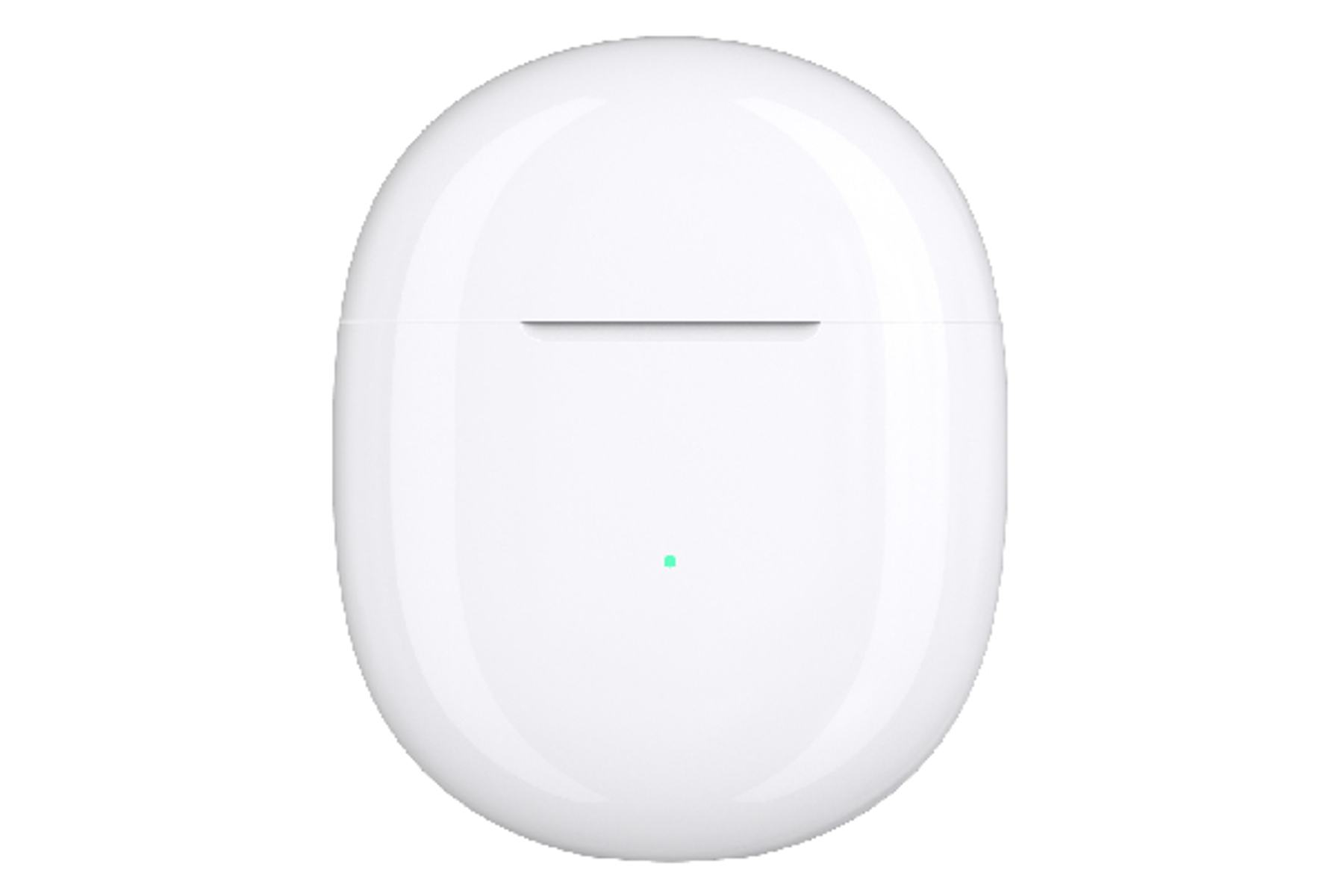 Estuche de carga para auriculares blanco, ovalado, sobre fondo blanco.