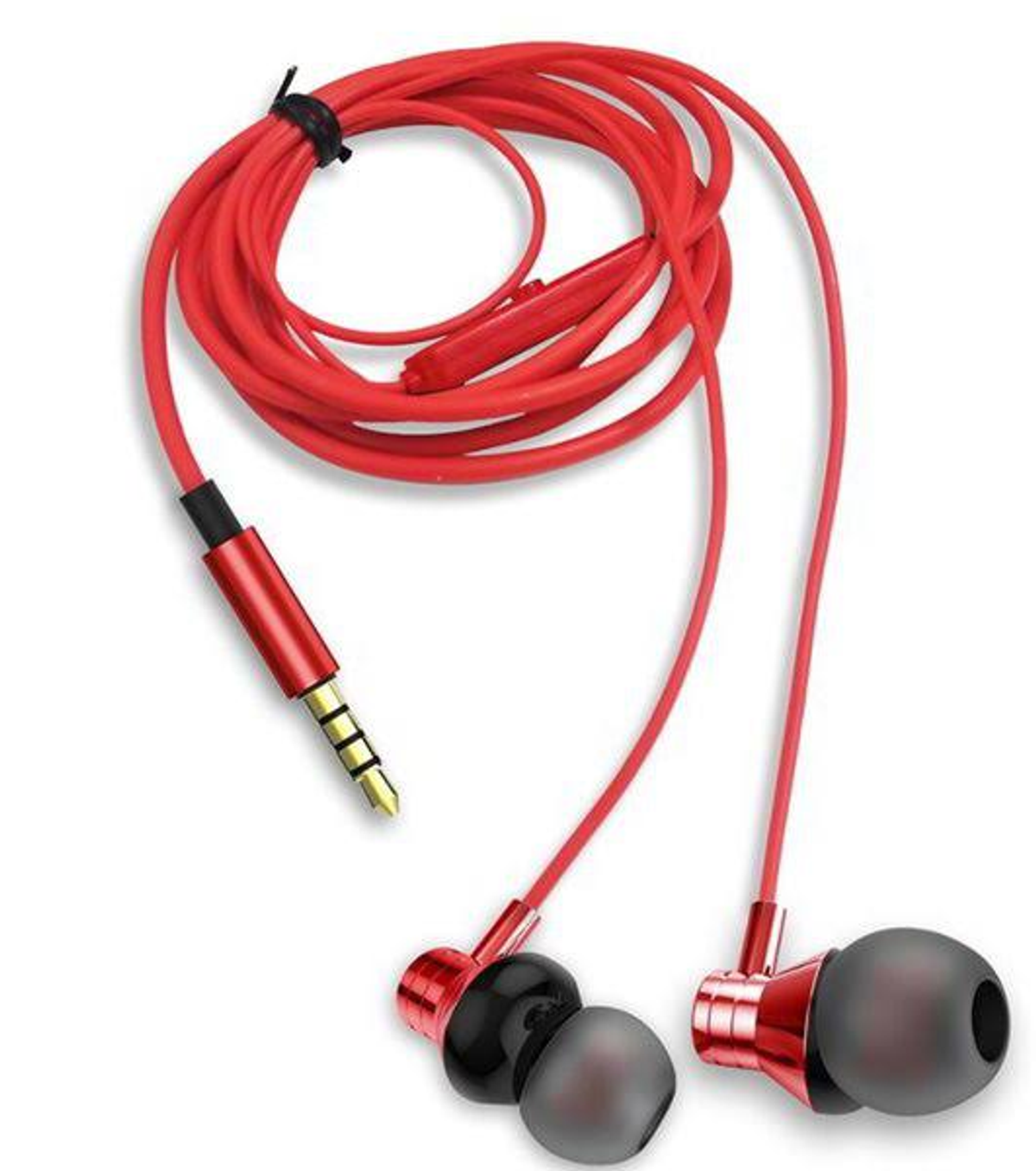 Rote Ohrhörer mit rotem Kabel und Stecker. Fokus auf die Ohrhörer und das Kabel.