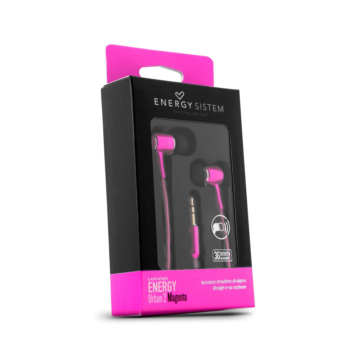 Oortelefoons in een doos. De oortelefoons zijn roze. De doos is zwart en roze.