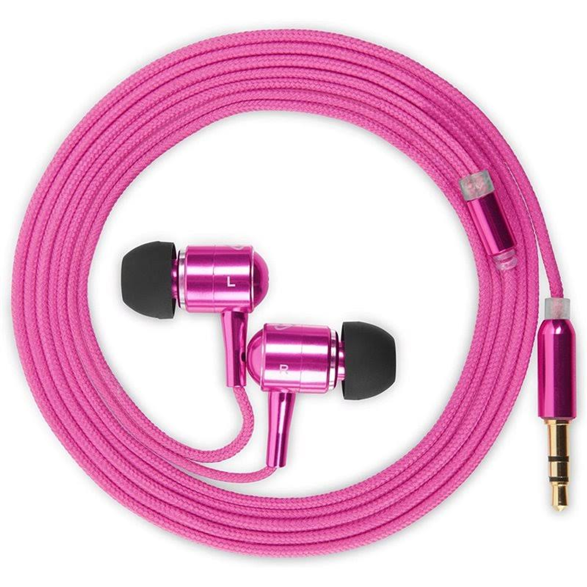 Roze oortelefoons met roze kabel, opgerold, en roze connector. Witte achtergrond.