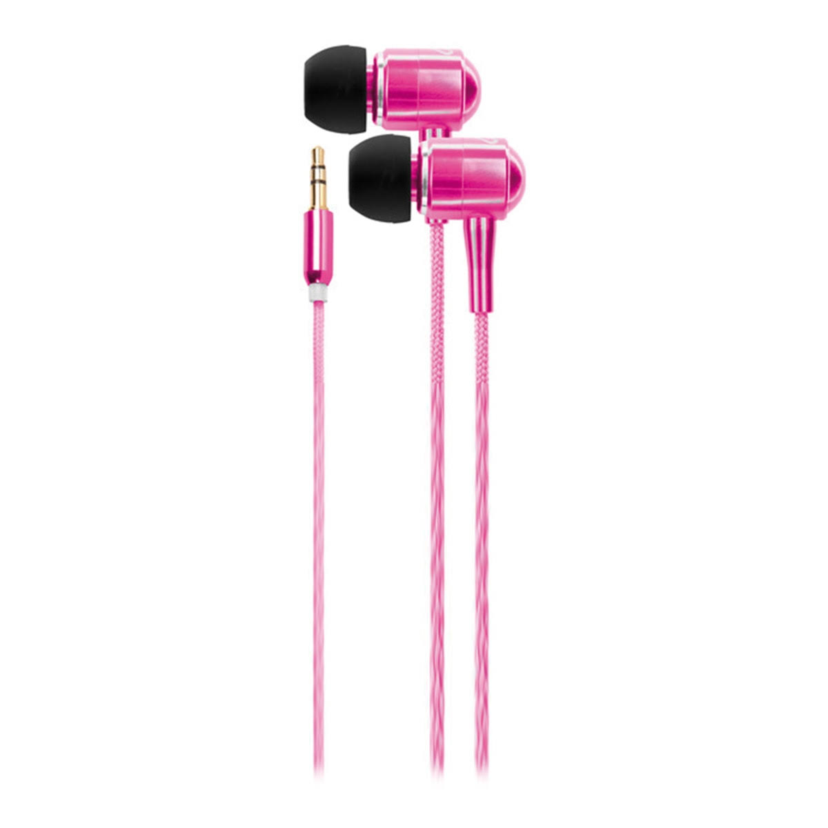 Roze in-ear oortelefoons met een roze kabel en een 3,5 mm-jack. Zwarte oortips zijn ook zichtbaar.