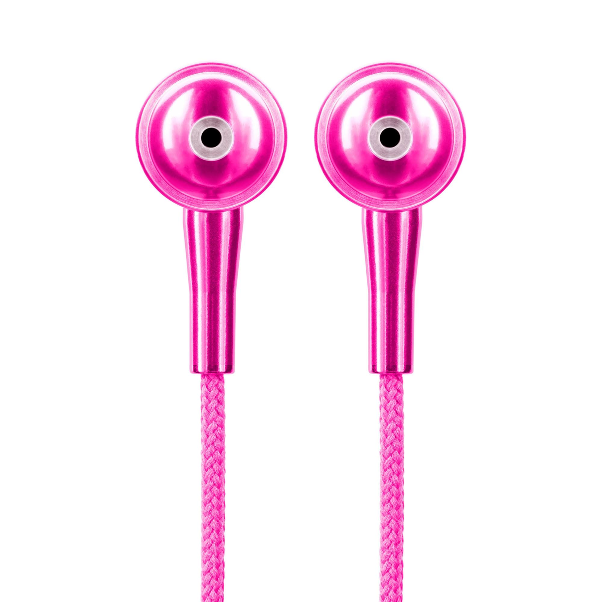 Paar roze in-ear oortelefoons met roze gevlochten kabels op witte achtergrond.