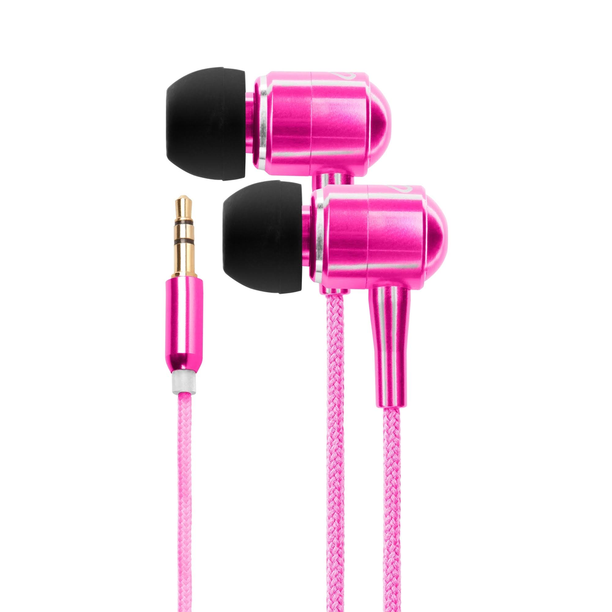 Roze in-ear oortelefoons met roze kabel en een metalen 3,5 mm-jack. Witte achtergrond.