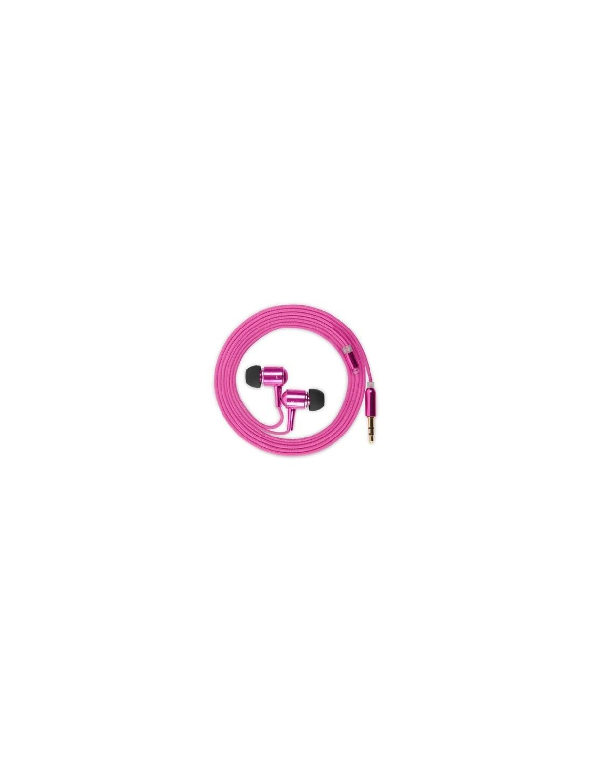 Roze oordopjes met een roze kabel zijn in een cirkel op een witte achtergrond gerangschikt.