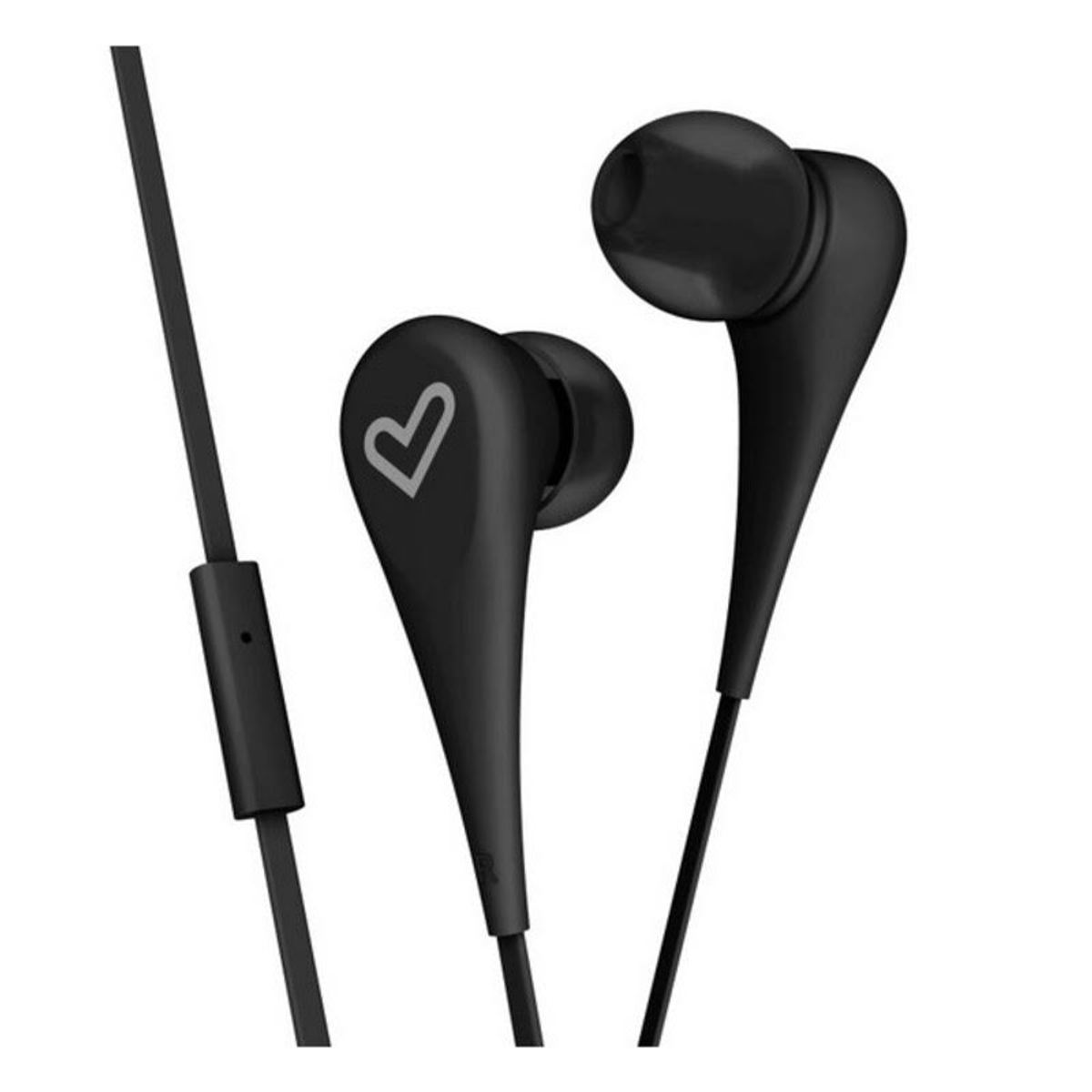 Czarne słuchawki douszne z logo serca. Widoczny jest czarny kabel i wtyczka 3,5 mm.