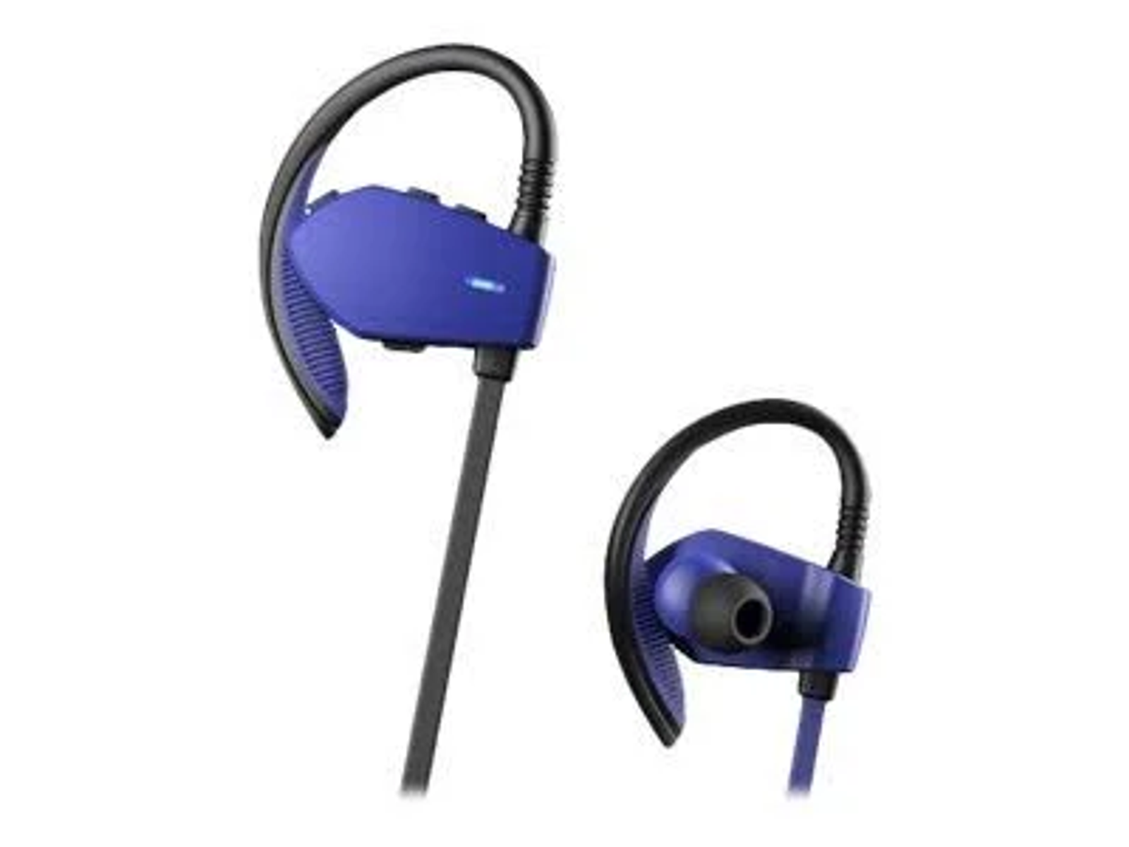 Paar blaue und schwarze Sportkopfhörer mit Ohrbügeln und einem schwarzen Kabel.