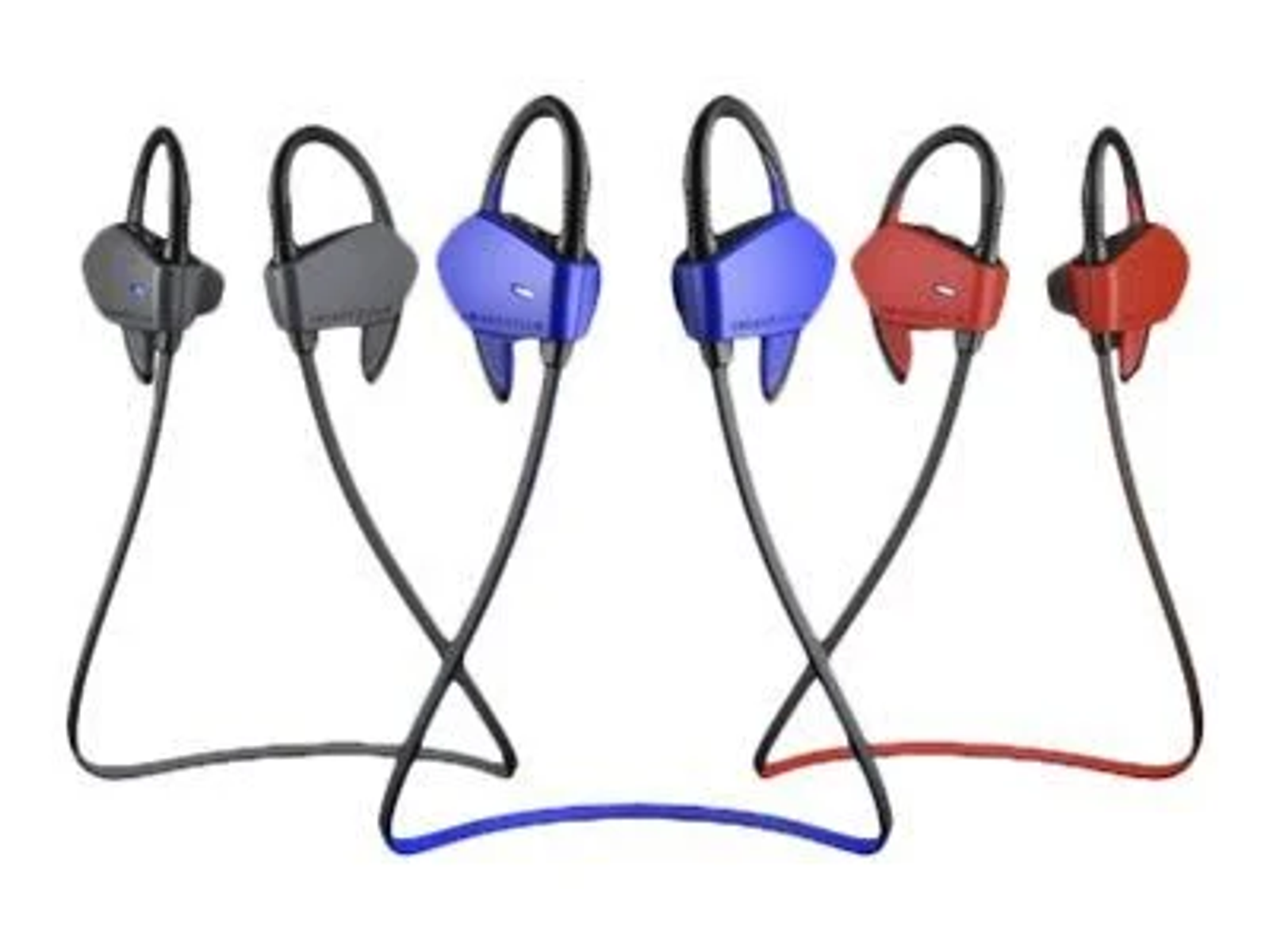 Sechs kabellose Ohrhörer in verschiedenen Farben: grau, blau, rot und schwarz.