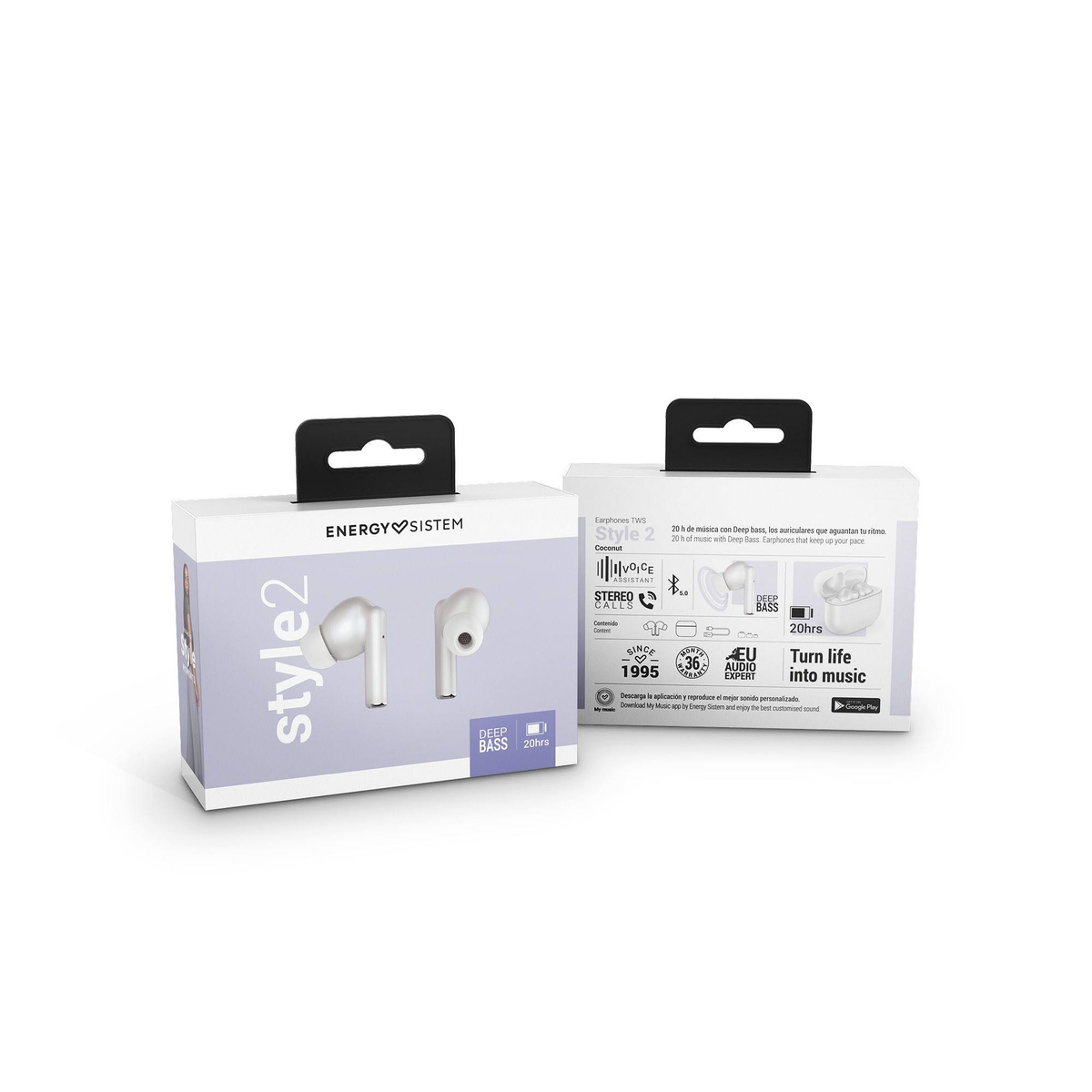 Zwei weiße Ohrhörer in einer Box mit schwarzem Griff. Der Markenname lautet 'ENERGY SISTEM'.