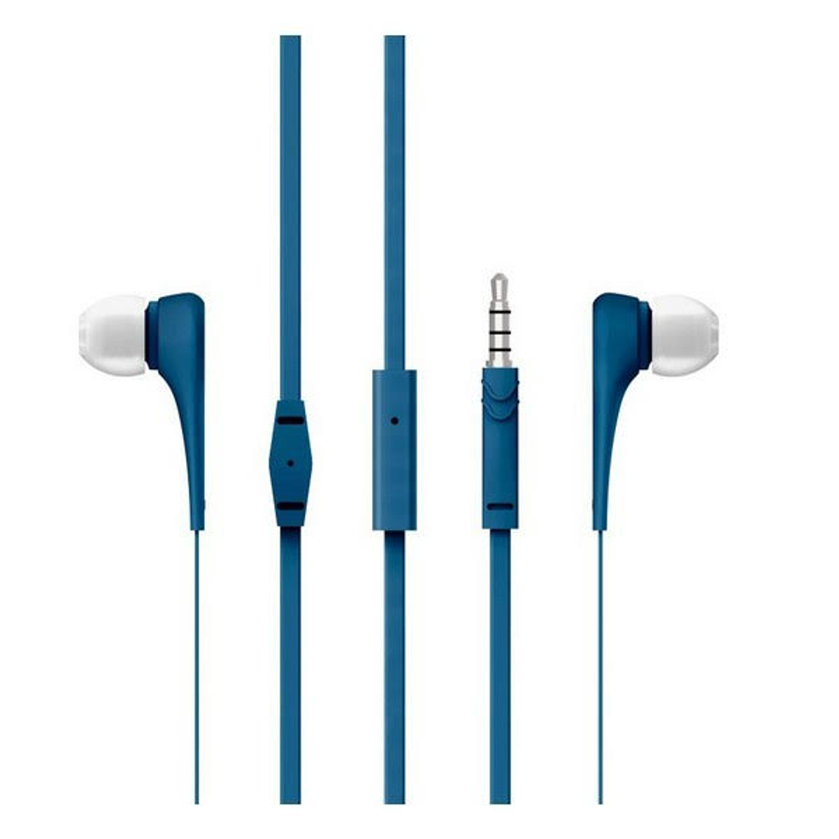 Blaue und weiße In-Ear-Kopfhörer mit Mikrofon und einer Steuertaste.