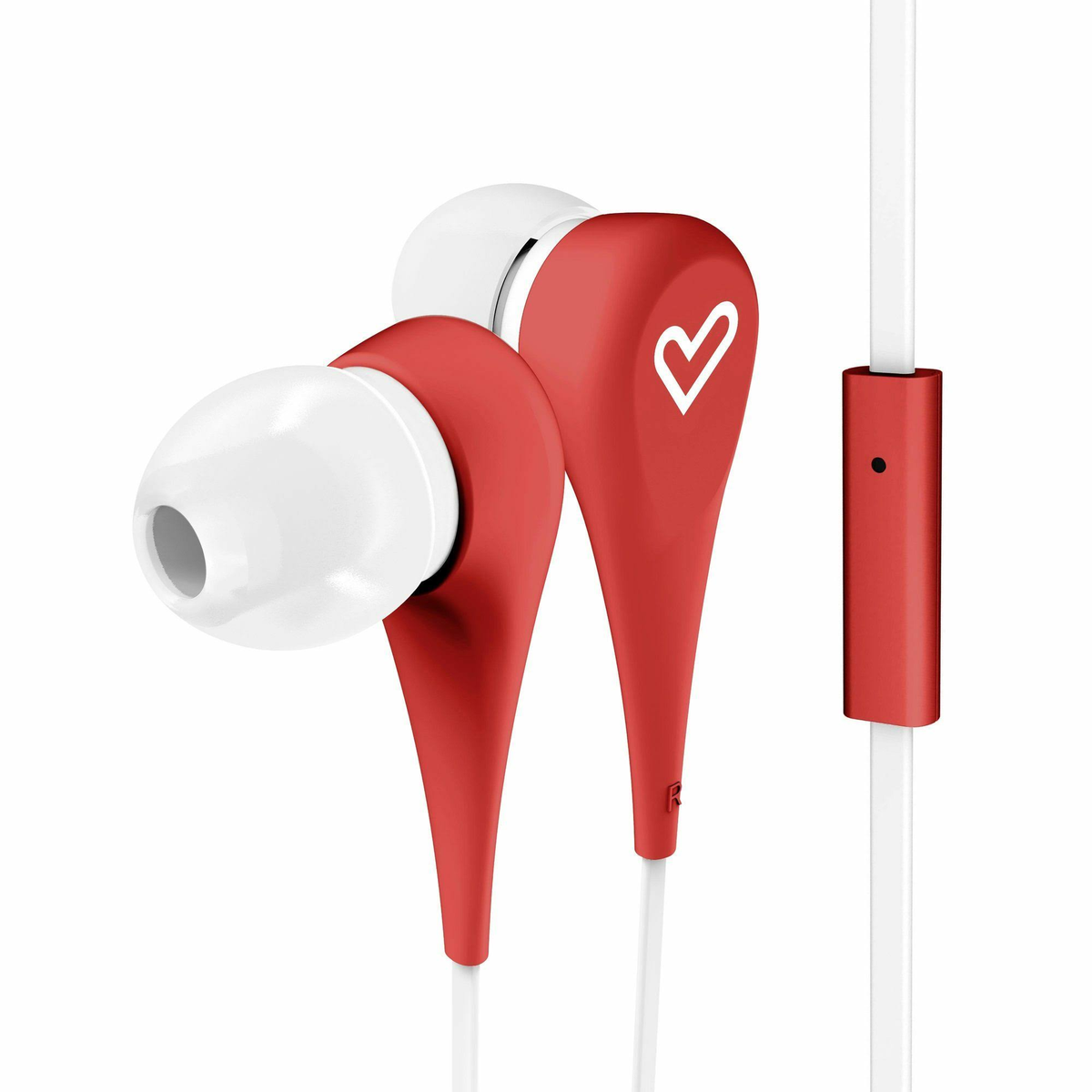 Rote und weiße Ohrhörer mit Herzsymbol. Weißes Kabel und rotes Steuermodul sichtbar.