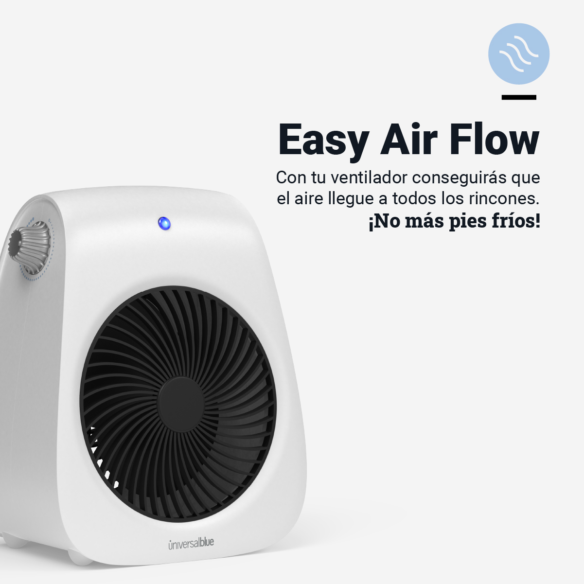 Ventilador blanco con aspas negras, y texto: Easy Air Flow, con texto en español.