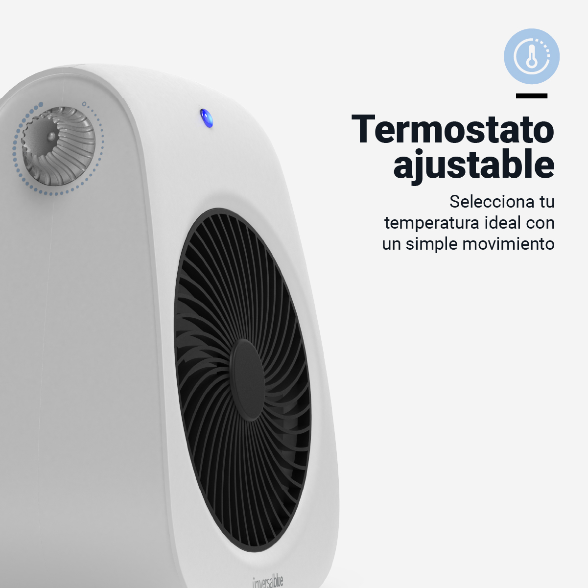 Calentador blanco con rejilla negra. Un dial y texto sobre el termostato ajustable son visibles.