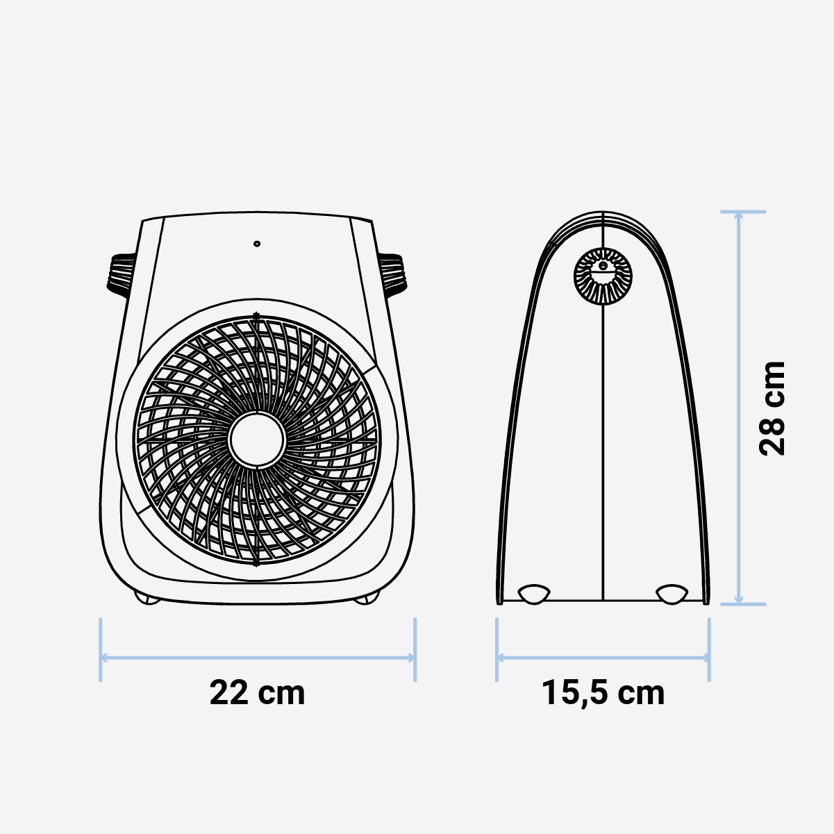 Dibujo lineal de un ventilador blanco y negro con dimensiones: 22 cm ancho, 28 cm alto y 15,5 cm profundo.